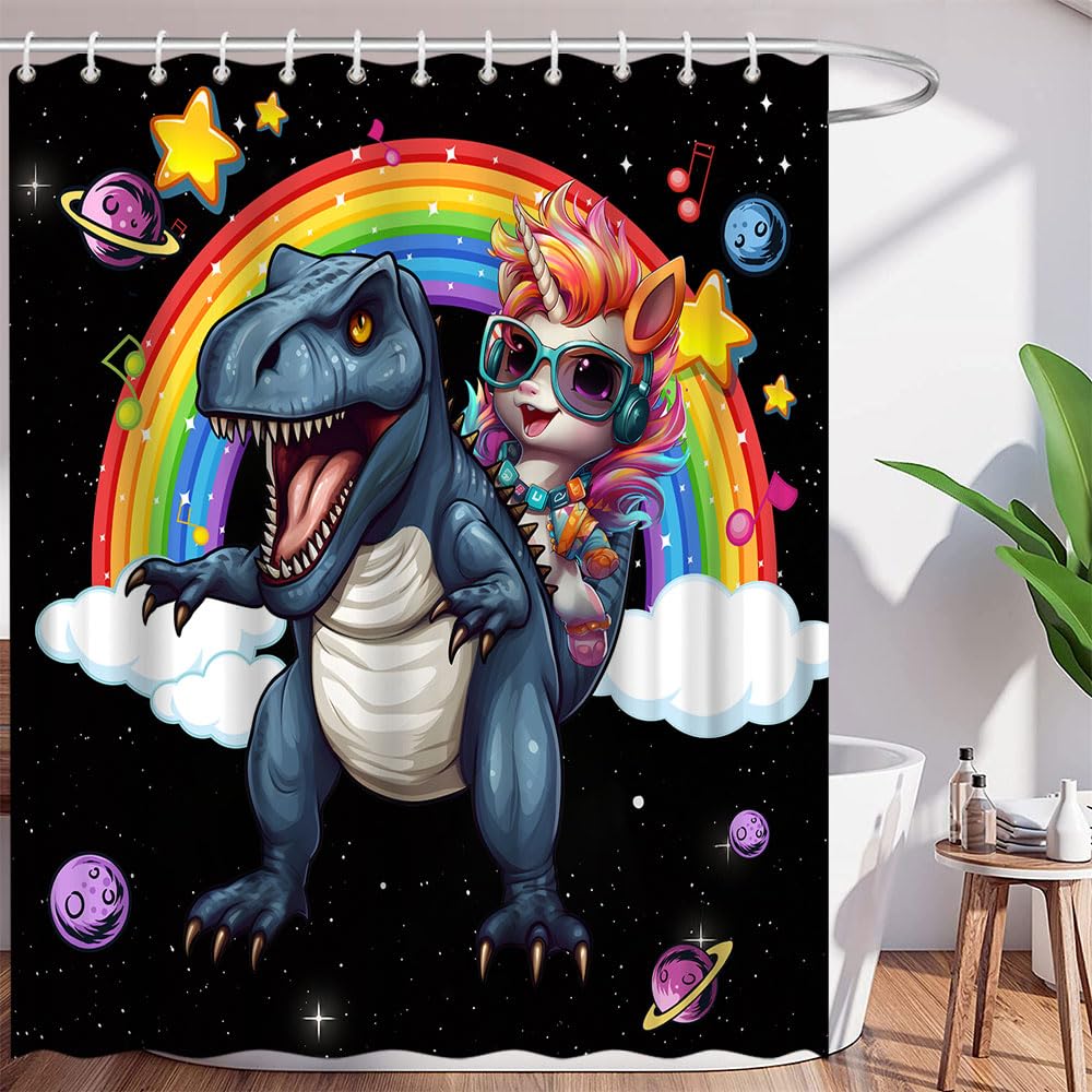 VPUPCN Unicorn Riding Dinosaur Shower Curtain for Kids,Funny Fantasy Animal Rainbow Galaxy Space Cartoon Cool Boys Girls Polyester Curtains Bathroom Decor with Hooks 70wX70h Inch