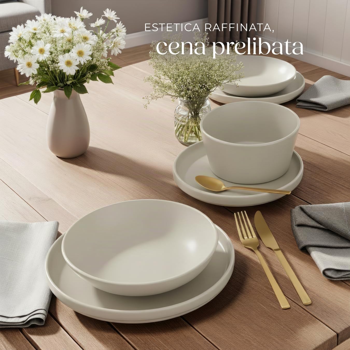 tectake® Set stoviglie 24 pezzi terracotta, servizio piatti 6 persone, set piatti moderni grandi, piccoli, fondi, ciotole, gres smaltato, design moderno, adatto lavastoviglie microonde - Tortora