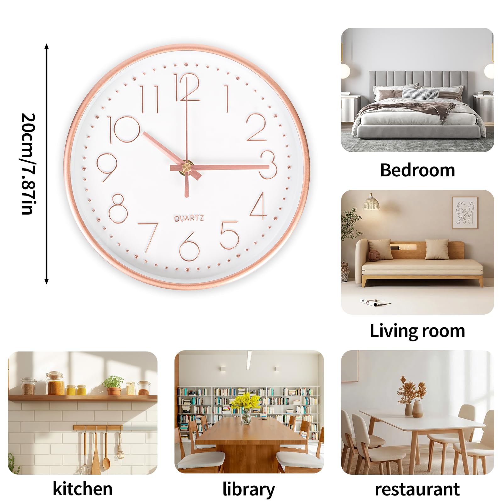Horloge Murale Ronde Silencieuse – 20 Cm, Lot De 2, Pour Chambre, Salon, Bureau – Noir Et Rose