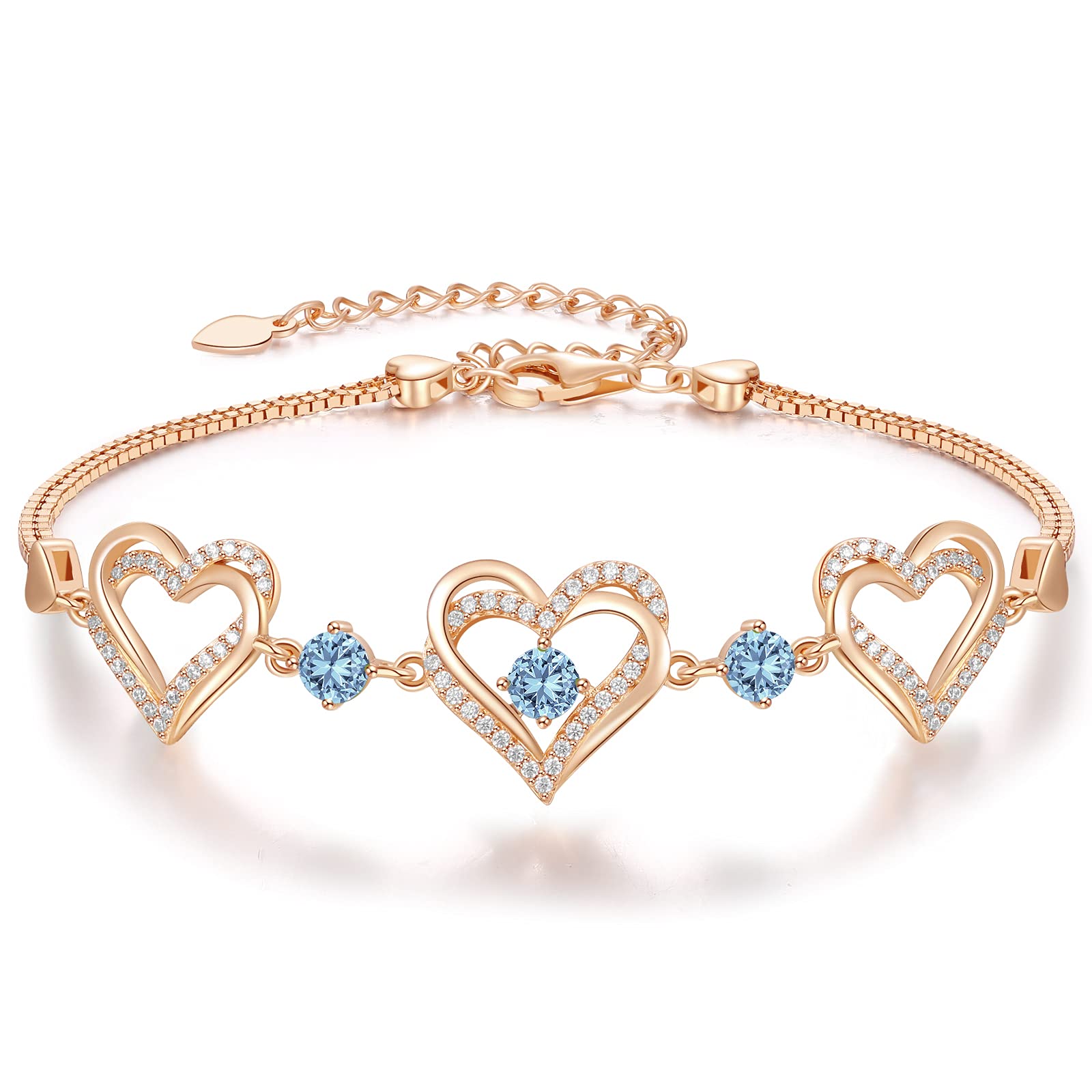 CDE Forever Love Heart Charm Link Bracelet for Women, 925 Sterling Silver Birthstone Bracelet Mother's Day Gift Anniversary Christmas Birthday Jewelry Gifts for Women Wife Her Girlfriend