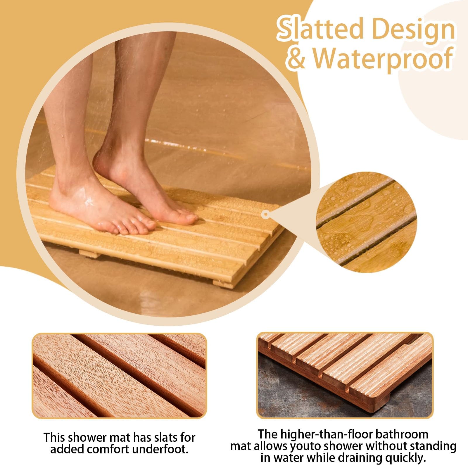 Alfombrilla de Ducha de Madera Natural Impermeable con Almohadillas Antideslizantes baño, Sauna, Piscina, jardín y Patio - 40 cm x 40 cm (15,7" x 15,7") -