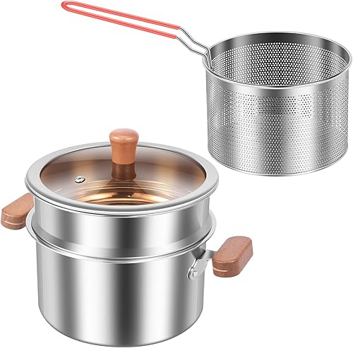 Miniatura 9 de Olla de vapor de acero inoxidable con inserto de vapor y cesta de malla de 2.5 L2.64 cuartos de galón, olla para freidora profunda con cesta y mango