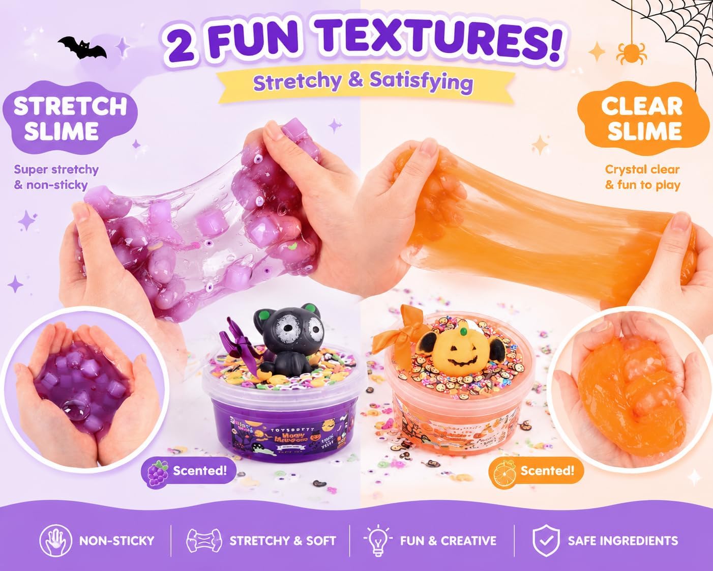 FINOCLAY Halloween Slime Kit for Kids,2 Pack Glow in The Dark Sensory Putty,Water Slime with Kawaii Squishy Toys,Stress Relief Toys for Boys & Girls, Birthday Party Favors, Classroom Prizes image 2