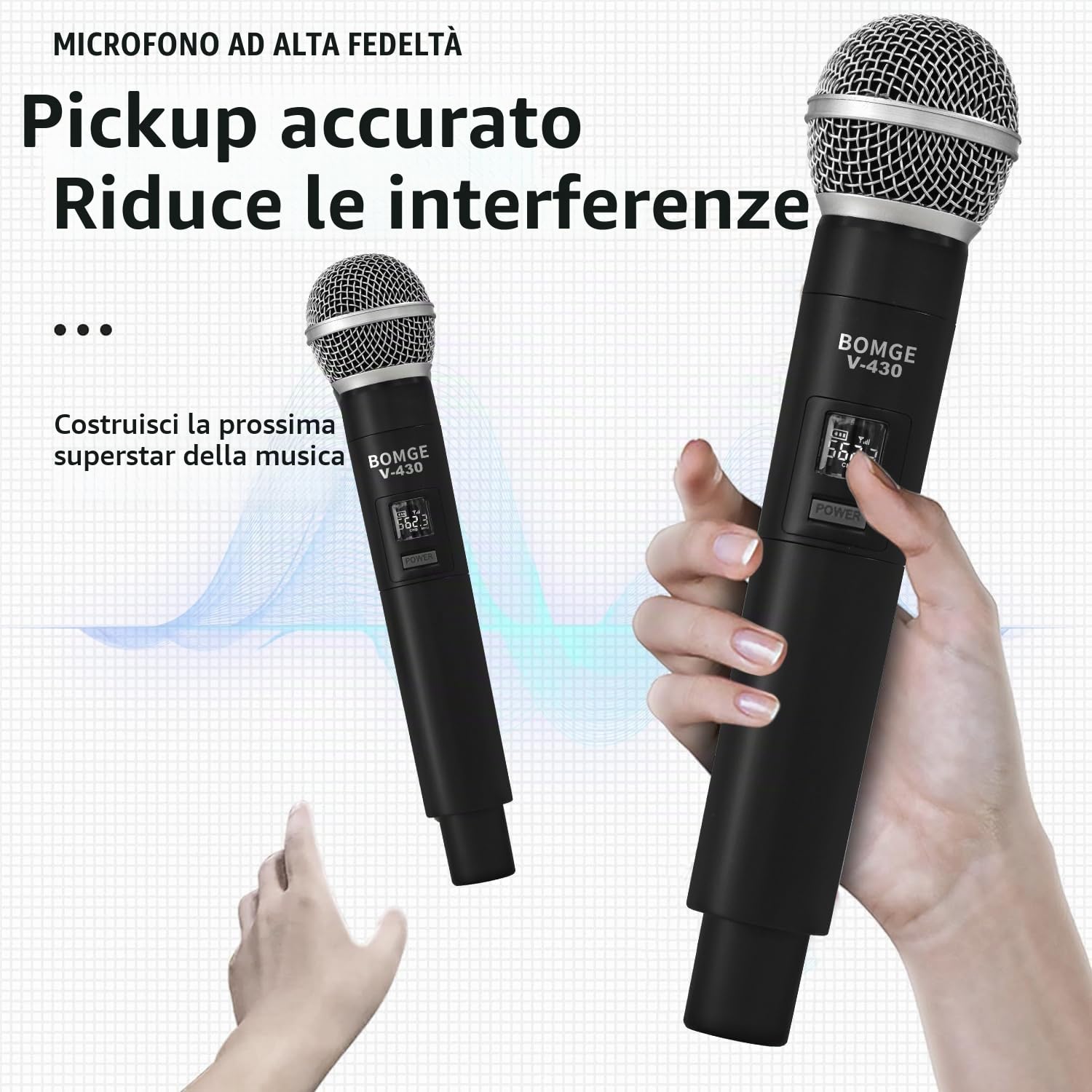 BOMGE Sistema di microfono senza fili, set di microfono wireless Pro a 4 canali con quattro microfoni a mano, frequenza fissa, lungo raggio di 200 piedi, ideale per chiesa, karaoke, eventi