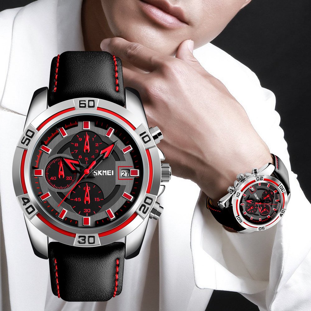 Orologi sportivi da uomo,Orologio da polso con cronografo da uomo,Orologio militare impermeabile con cinturino in pelle nera morbida