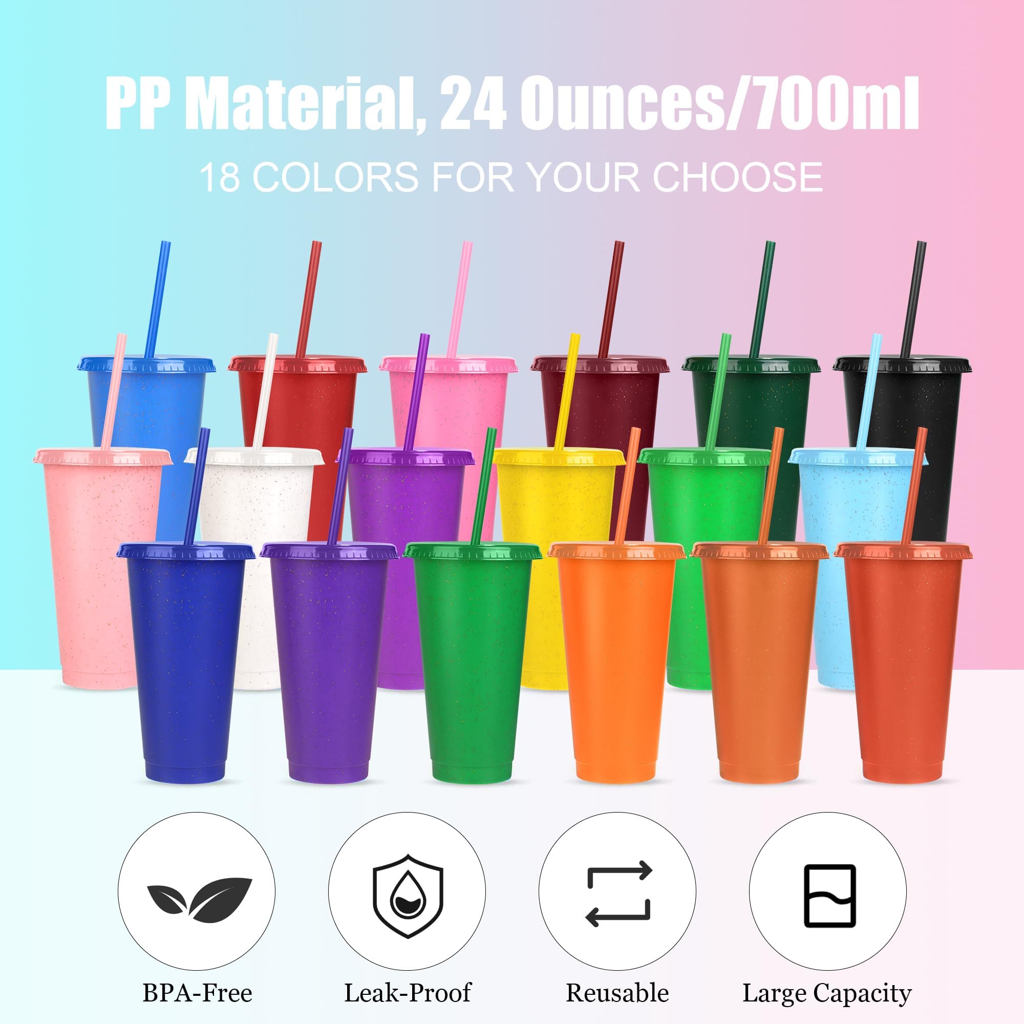 Kochorie Lot de 36 gobelets avec paille et couvercle – Bouteilles d'eau colorées en vrac de 700 ml – Gobelets de voyage réutilisables en plastique pour fêtes, anniversaires et utilisation en extérieur
