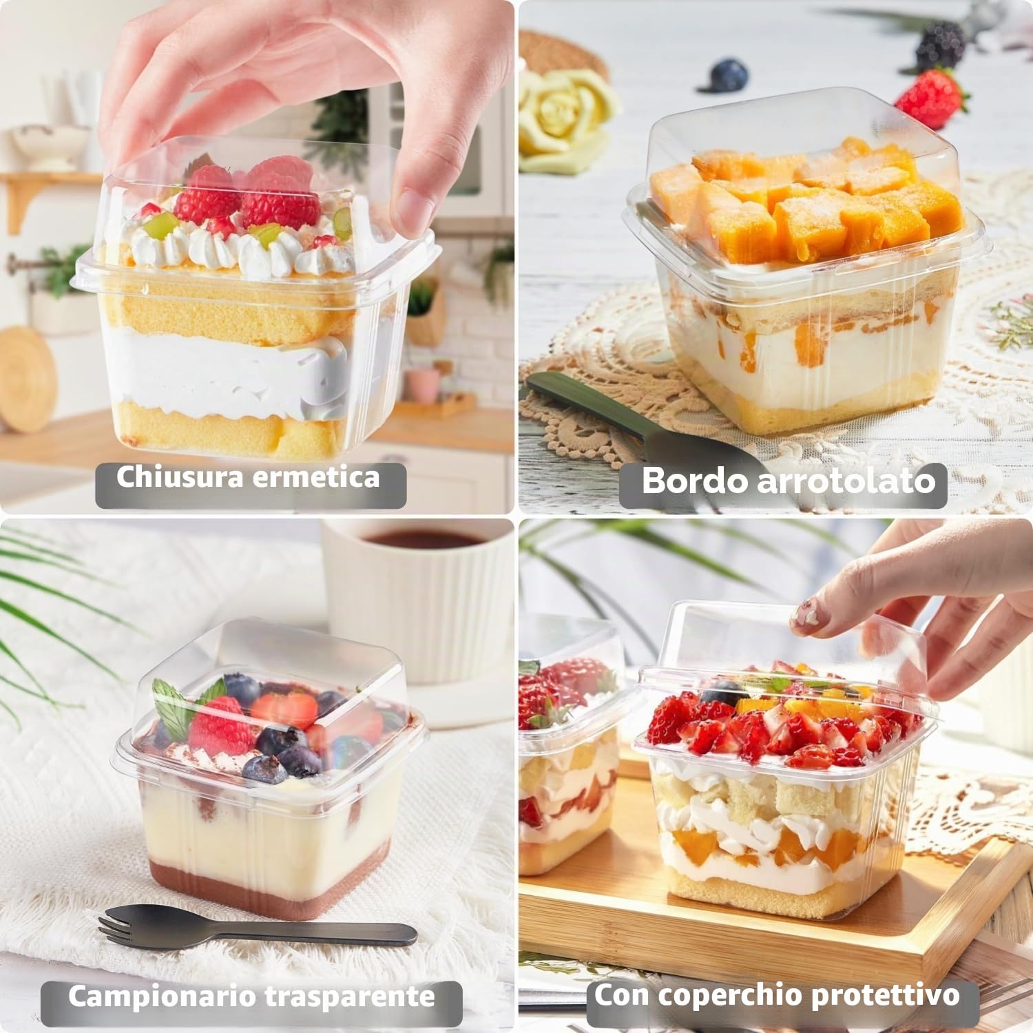 LATERN 50 Pezzi Tazze da Dessert in Plastica con Coperchi, 240ml /8oz Coppe da Dessert Quadrate Scatole di Antipasto Semifreddo Trasparente Ciotola da Portata Riutilizzabile con Forchette per Festa