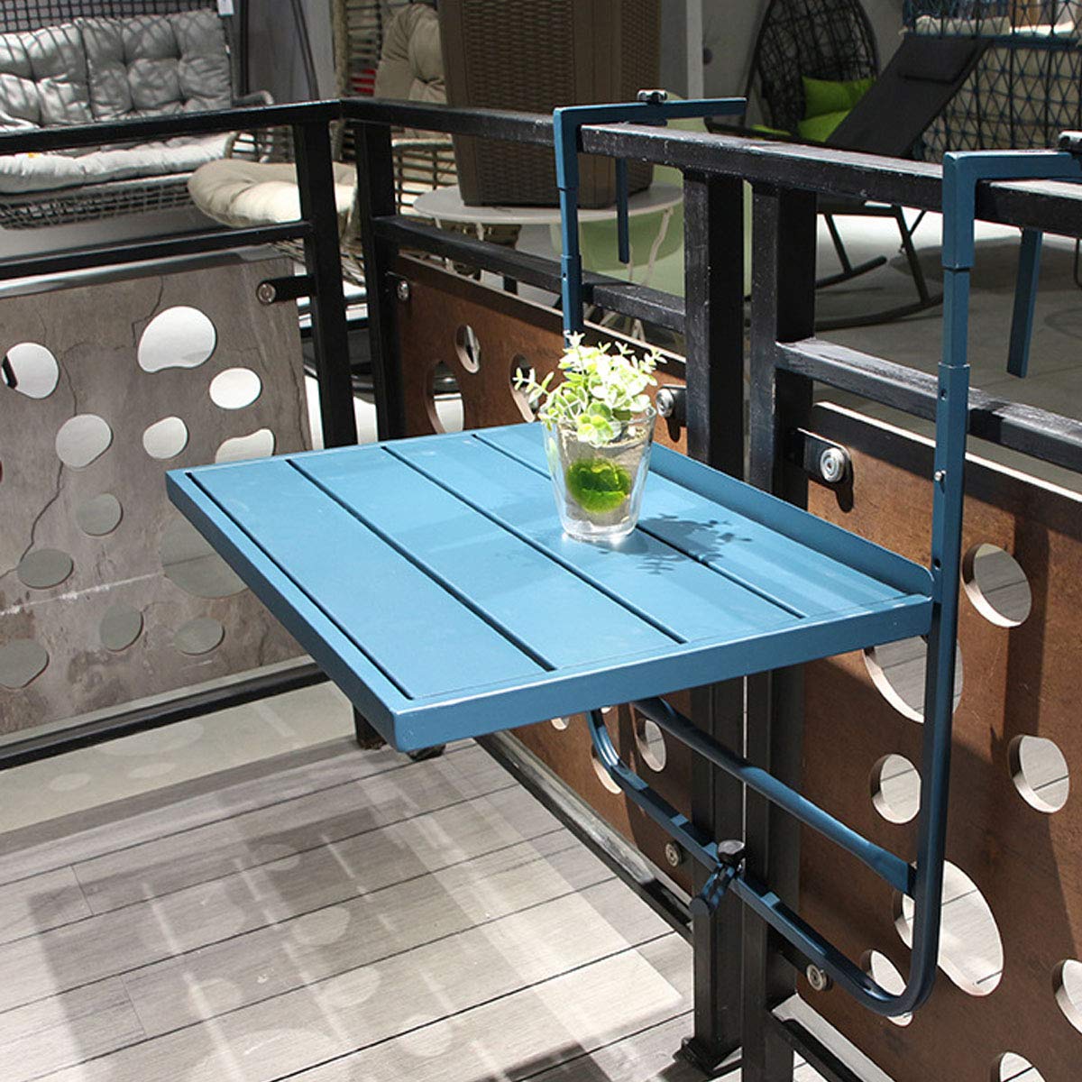 Tavolo Da Balcone Pieghevole Da Appendere Alla Ringhiera - Regolabile In Altezza, Piano 40x60 Cm, Struttura Triangolare