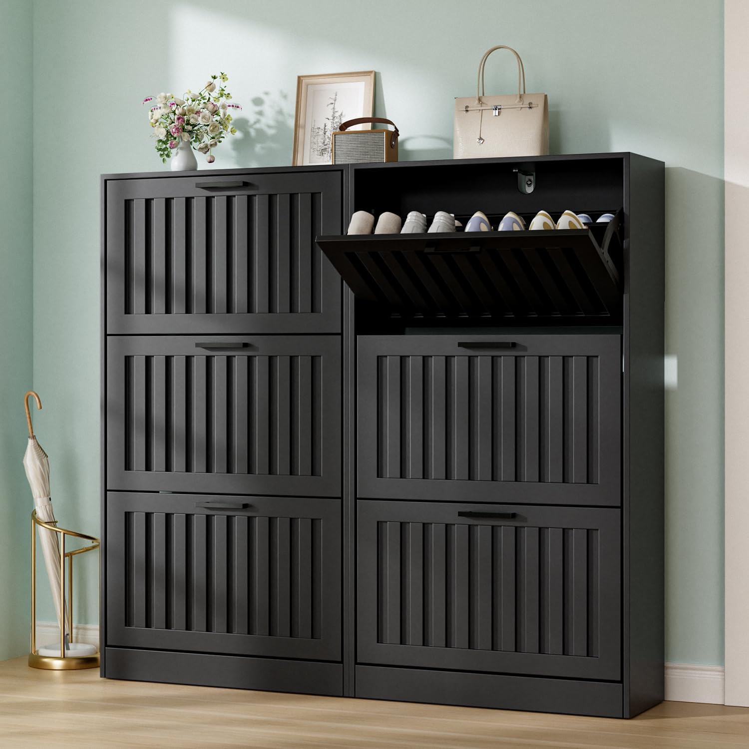 Shoe Storage Cabinet with 3 Flip Drawers, Modern Freestanding Organizer with Adjustable Shelf, Narrow Shoe Rack Cabinet for Entryway, Black