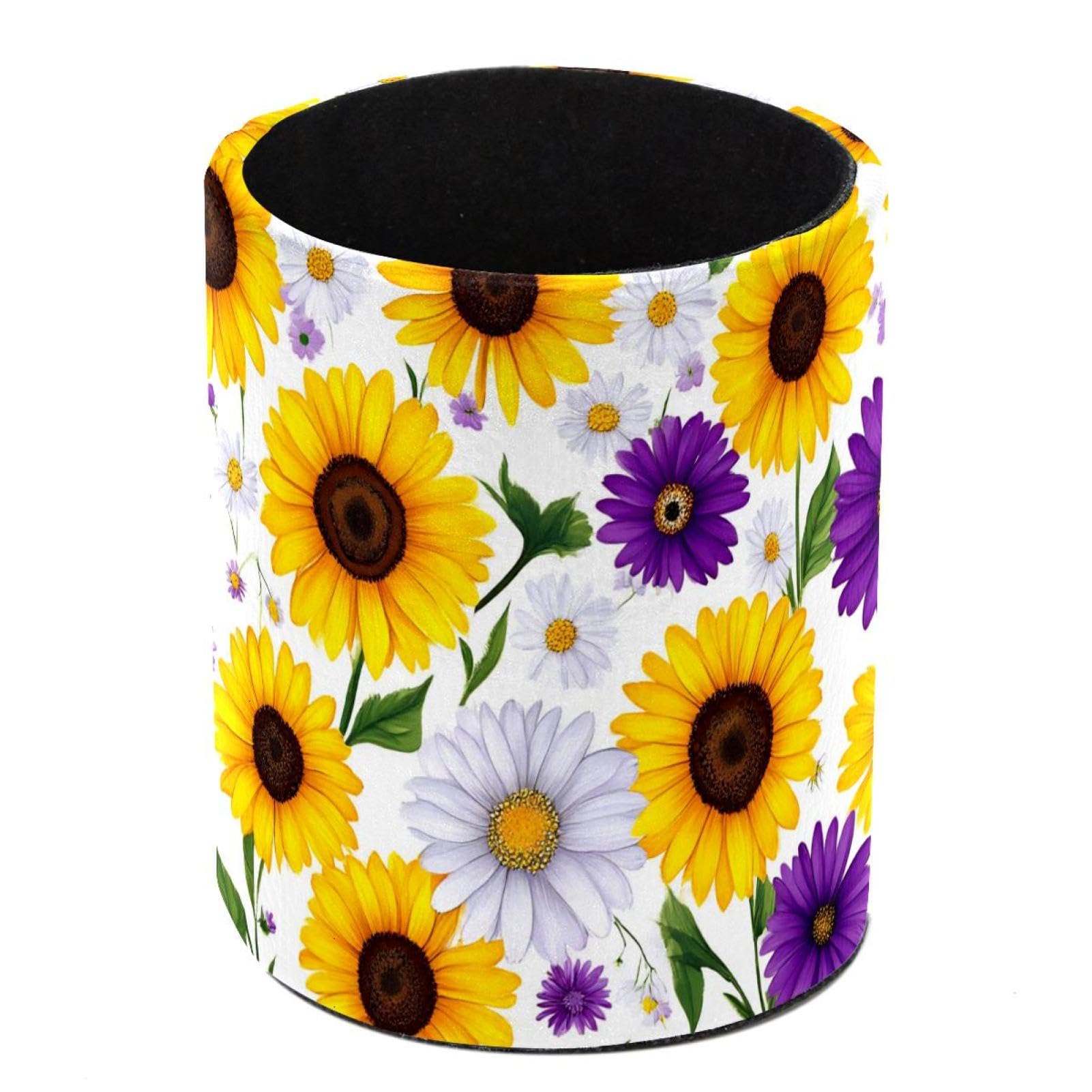 HEOEH Sunflowers Pen Holder for Desk, PU Leather Pencil Holder Pen Cup Marker Holder Makeup Brush Holders, Desk Accessories & Workspace Organizers for Home, Office