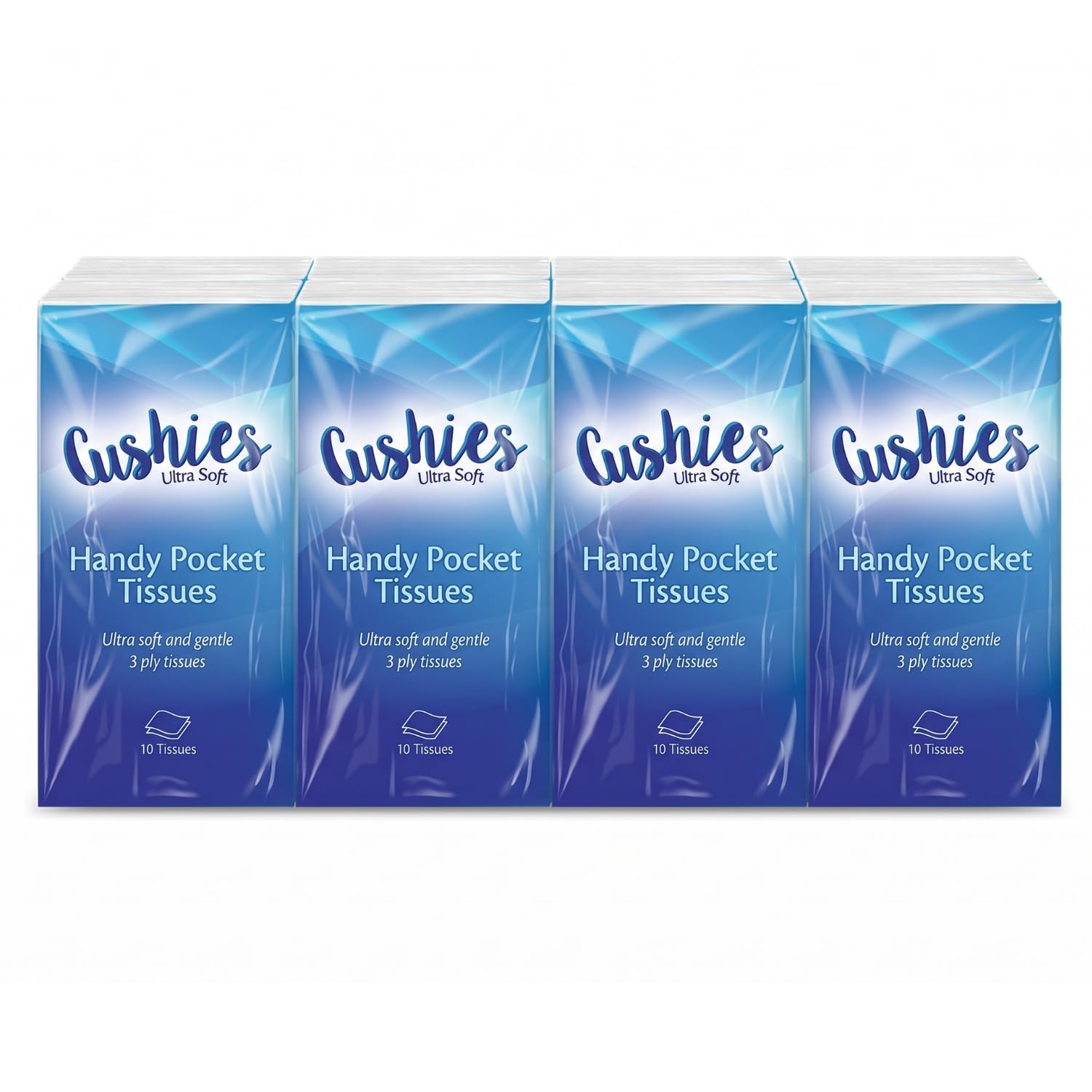 Cushies Pocket Tissues 8 Pack Multipack, 80 Soft 3 Ply Paper Hankies, Travel Size Tissue Pocket for Handbag, Car, School Bag, Ideal for Colds and Hay Fever
