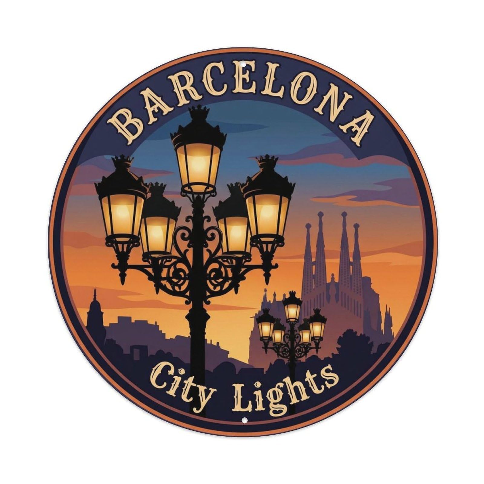 Barcelona Lamppost Catalan Landmark Vintage Travel Heritage Metal Tin Sign Plaque Wall Decor for Cafe, Man Cave, Club Bar, Office, Home Garden Round Metal Poster 8x8Inch