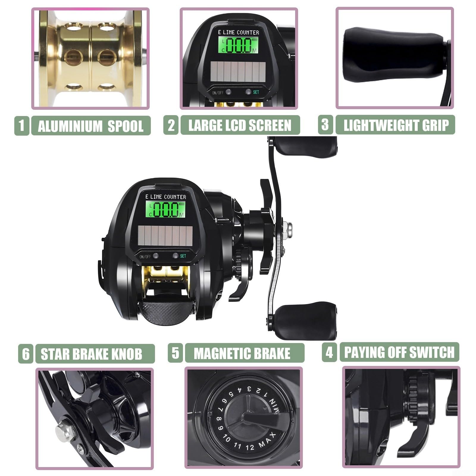 Carrete digital de cebo con contador de líneas, recargable por USB solar, relación de transmisión 7.2:1, 7+1 BB, arrastre máximo de 10 kg para pesca en agua dulce y salada