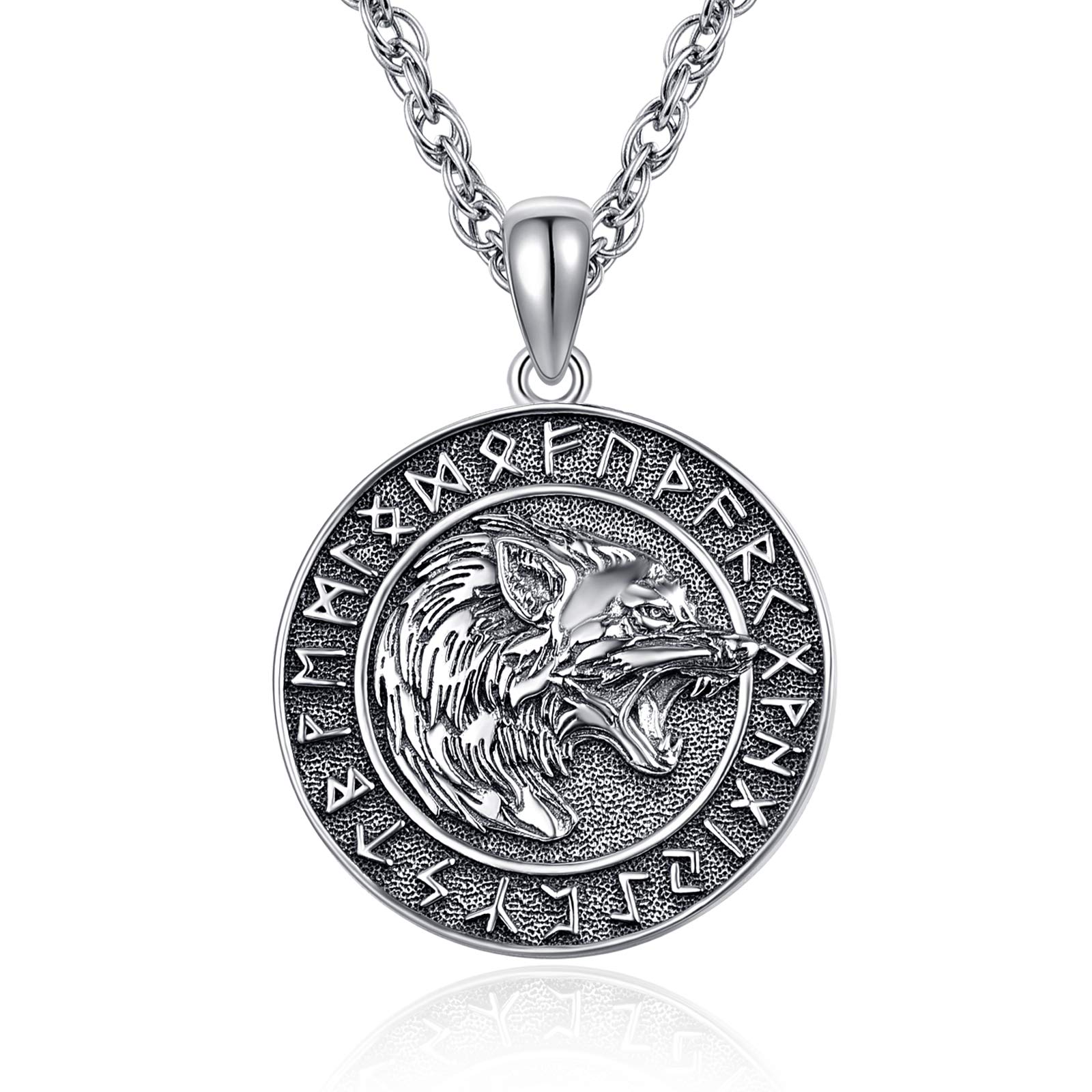 KINGWHYTE Collar vikingo de plata de ley 925 con amuleto de cabeza de lobo y adorno Vegvisir con colgante de joyería para hombres y mujeres con cadena de acero inoxidable de 55 cm