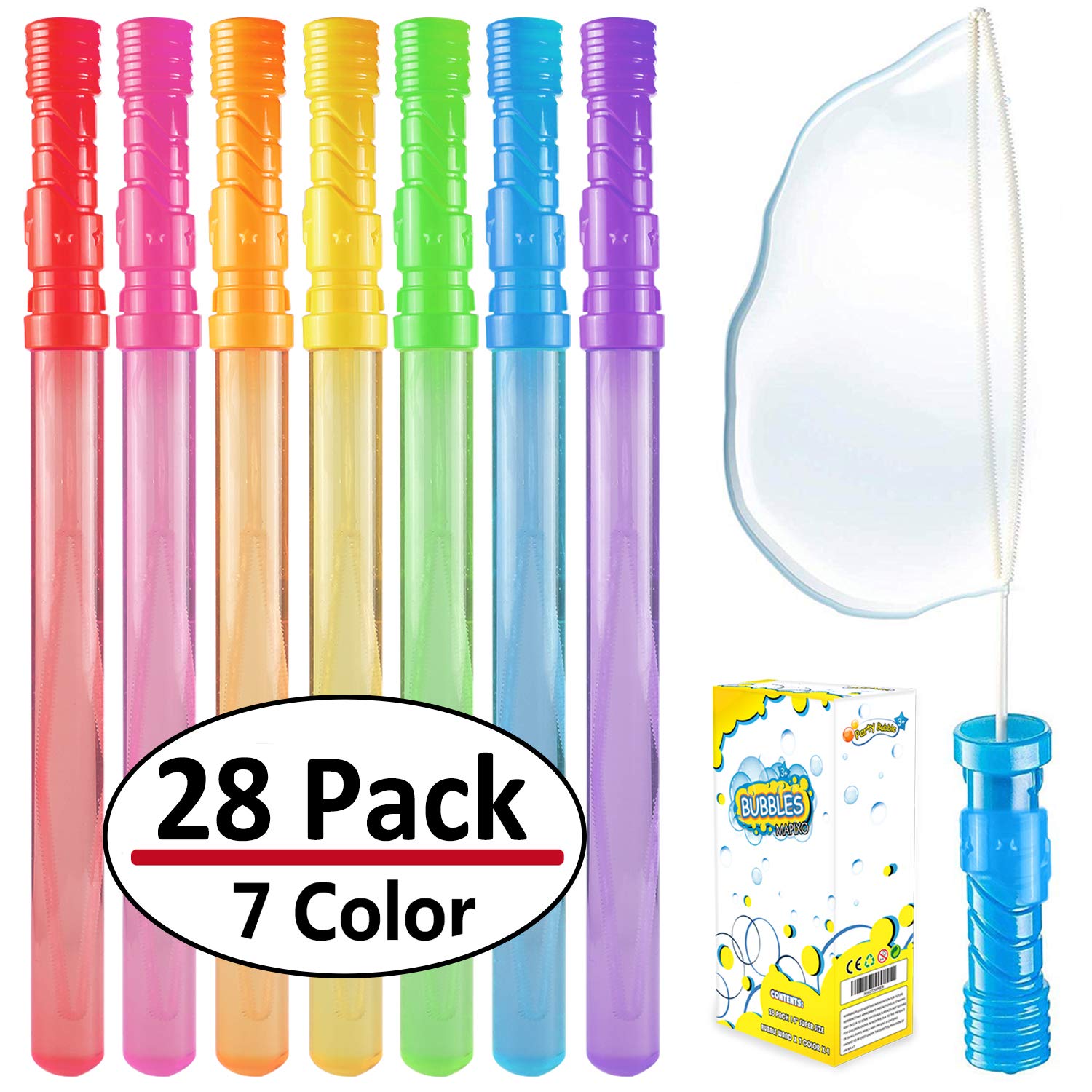 Bubble Wand, 28 Pack 14’’ Big Bubble Wands Bulk(7 colors), Non-toxic Smelless Bubble Toy For Kid Child Birthday Party Favor Wedding Summer Outdoor Pool Activity Bathroom Bath Toys