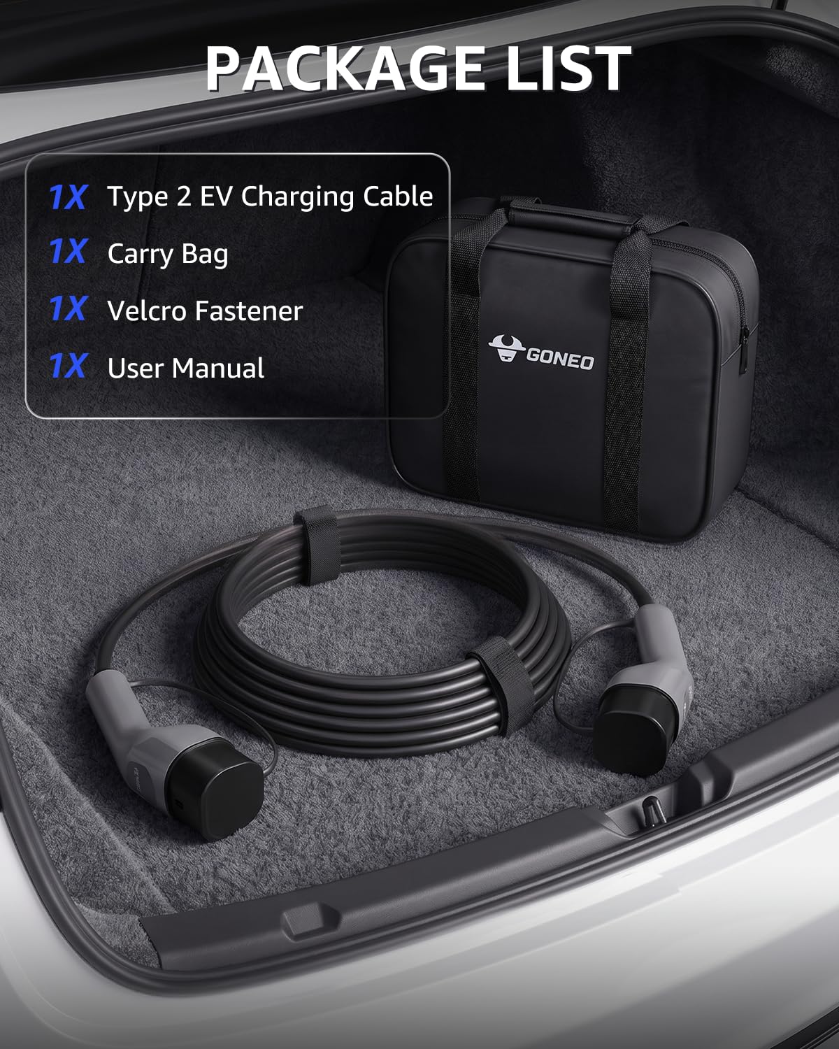GONEO Kabel do ładowania EV typu 2 kW 5 m, 32 A/3-fazowy/tryb 3/IP54 wodoodporny/z torbą do przechowywania, kabel do ładowania Fast Type 2 Mennekes do Tesla/BYD/MG/VW/BMW/Audi itp