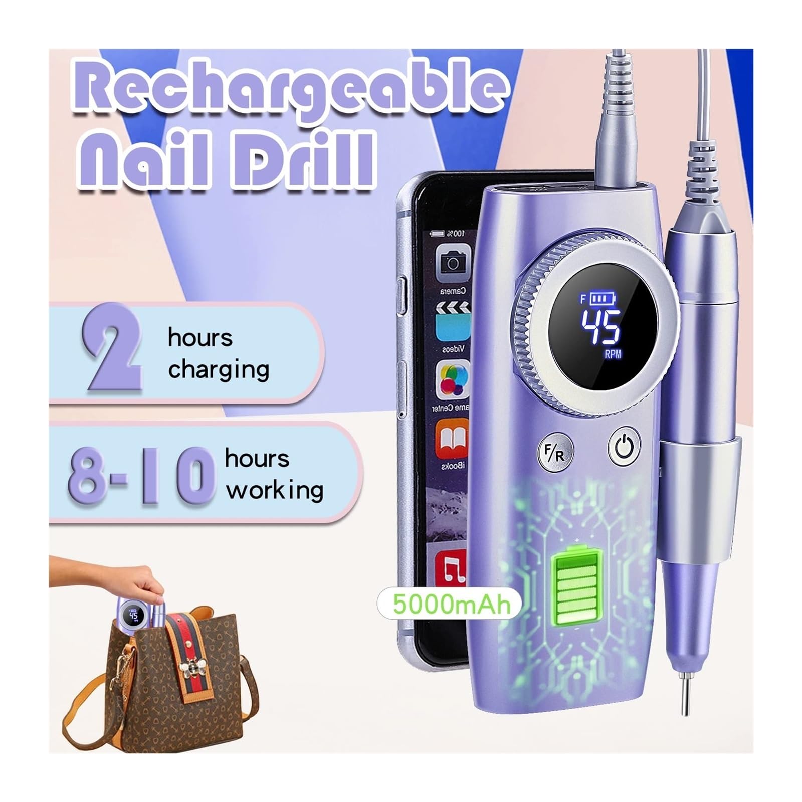 Trapano for Unghie 45000 RPM for Manicure con Display LCD Levigatrice for Unghie Tornio for Unghie Ricaricabile Trapano Elettrico a Batteria for Gel(White)