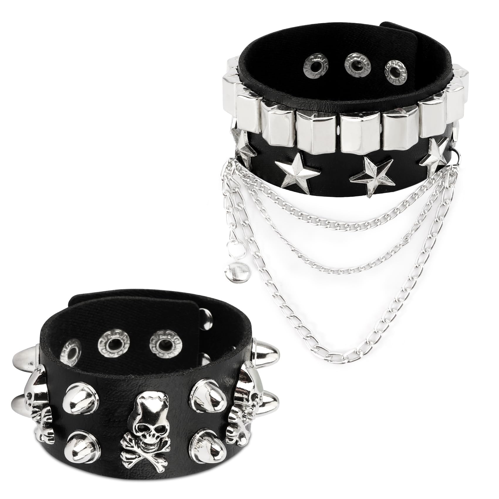2 Pcs Gothic Jewellery, Punk Bracelets Set, Layered Leather Cuff Bangle for Rock Concerts, Goth Jewelry for Women and Men, Punk Fashion Accessories