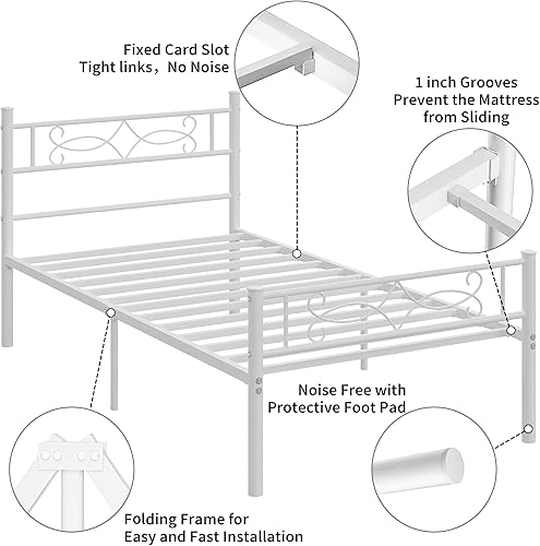 Miniatura 6 de VECELO Base de cama individual, plataforma de metal de tamaño individual con cabecera y estribo, soporte de listones de acero de alta calidad, no