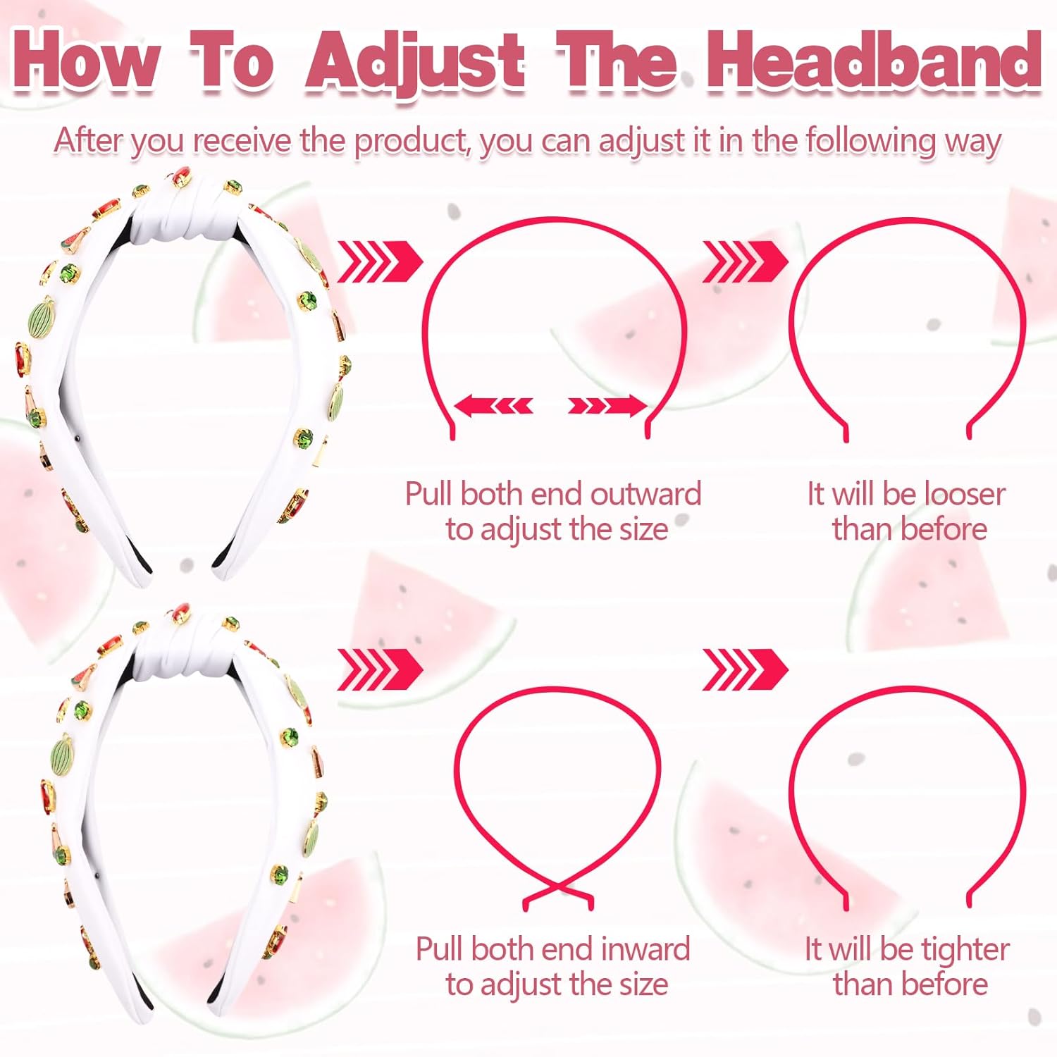 White Watermelon Rhinestone Jeweled Knotted Headbands for Women Girls, Fashion Cute Fruit Hair Accessories Gift for Girls - Image 4