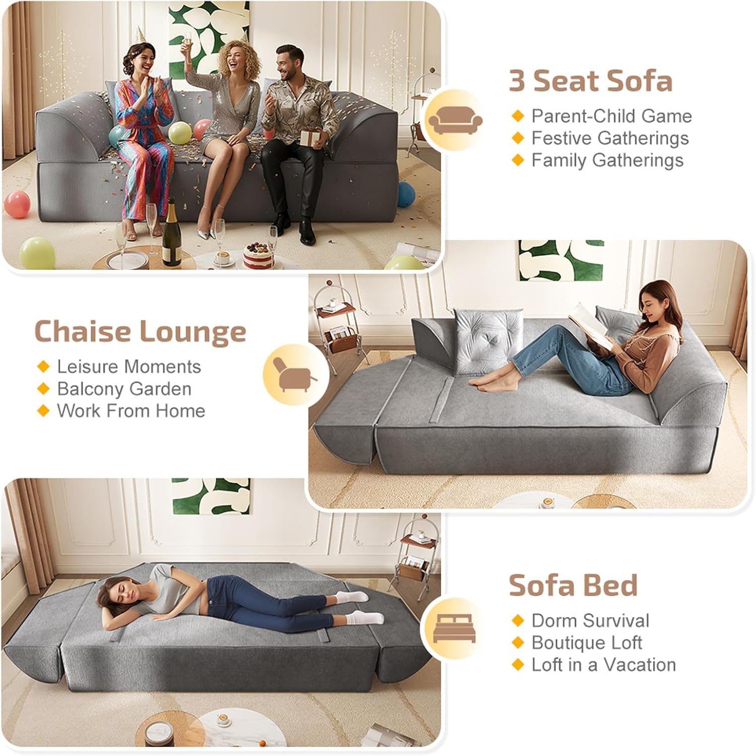 79.5" Convertible Sofa Bed, 3-in-1 Chenille Fabric Futon Sofa witn 2 Pillows for Living Room, Studio, Office (Grey)