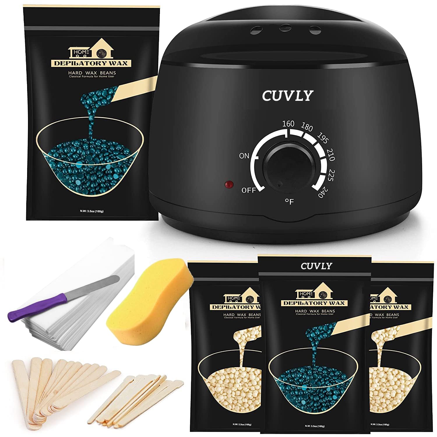 CUVLY Waxing Kit – Wax Heater with Hair Removal Wax Beans (100g), Waxing Strips & Knife – For Hard, Strip & Paraffin Wax – Women’s Hair Removal Kit (Color May Vary)