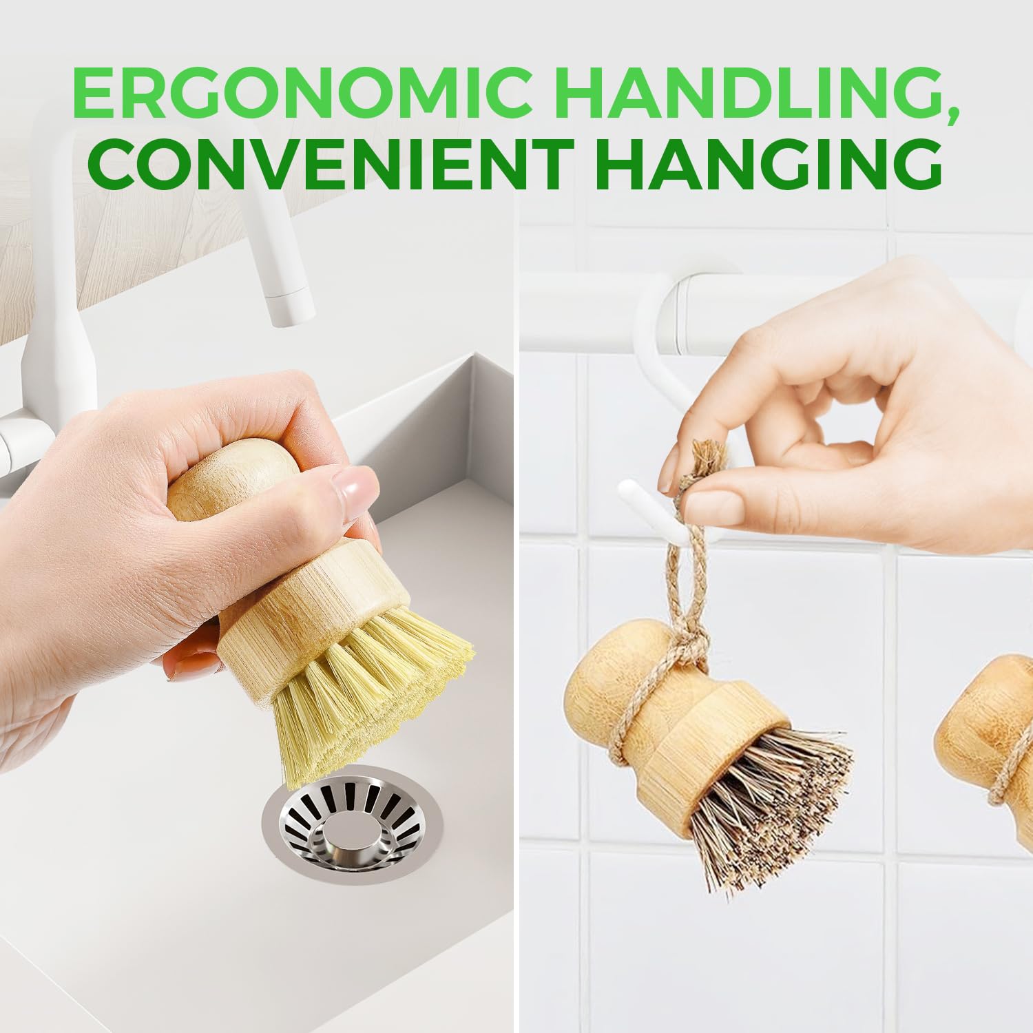 AIRNEX Set di 3 spazzole per piatti in bambù, 100% senza plastica, con sisal medio rigido e forte miscela di setole di cocco, antigraffio, inodore per legno, per pentole, padelle e verdure