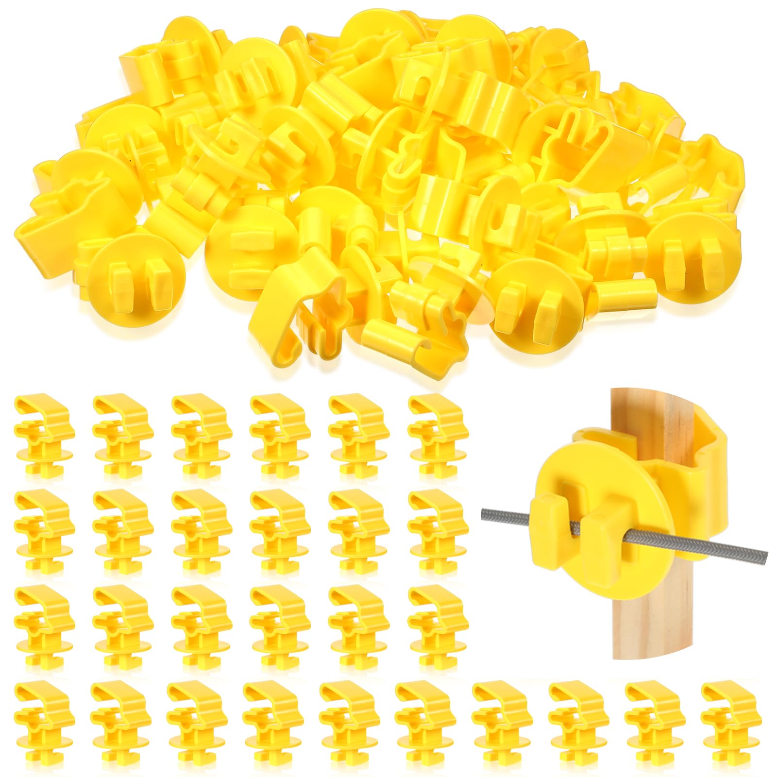 Geiserailie 200 aisladores de poste en T, aisladores más cortos, de alambre estándar, ajuste cómodo, clips de poste en T, aisladores de sujeción para agricultura y ganaderos, color amarillo