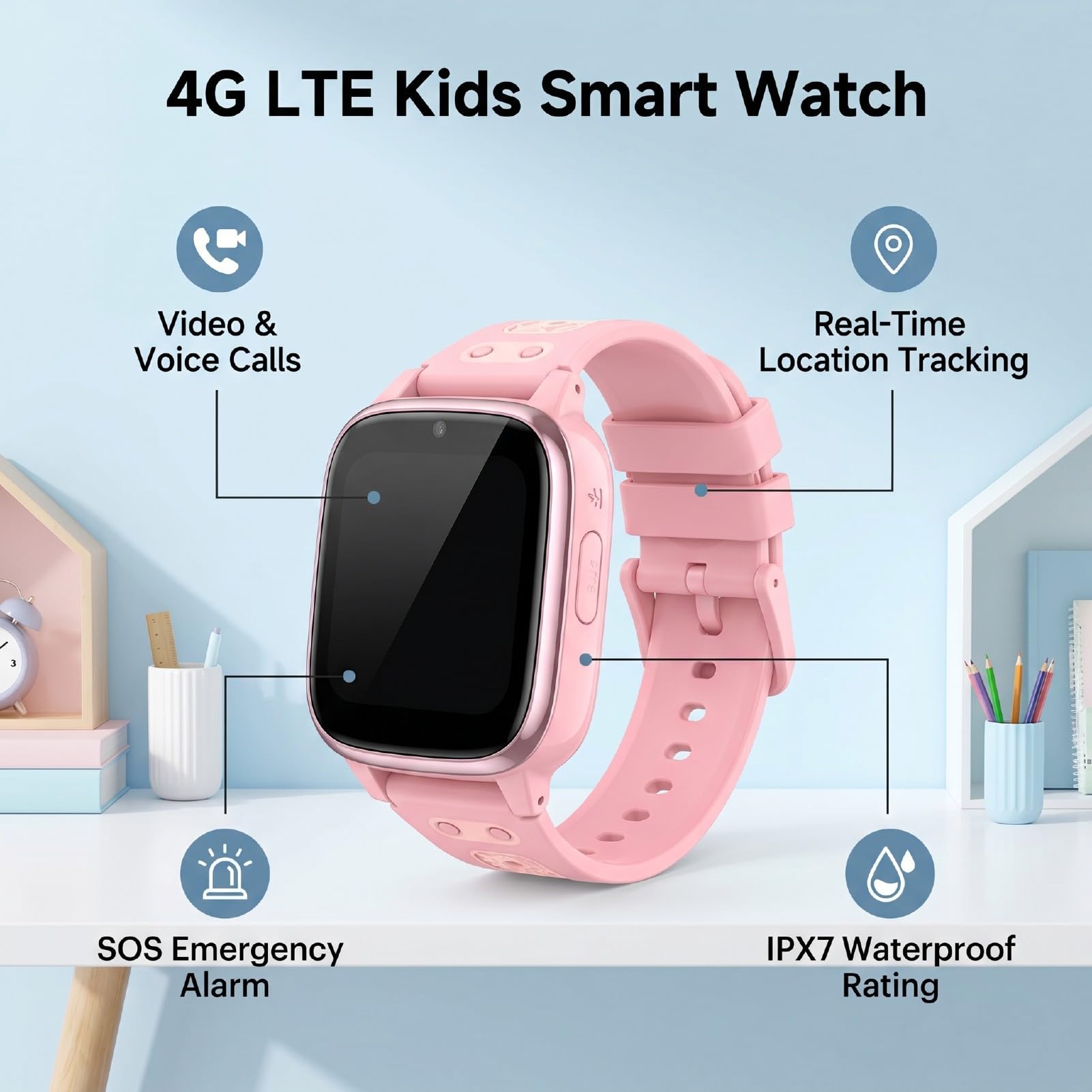 Sxhlseller Smartwatch per Bambini 4G LTE con Videochiamata SOS, Localizzatore di Posizione LBS, Touch Screen da 1,83, modalità Aula per Ragazzi e Ragazze (PINK)