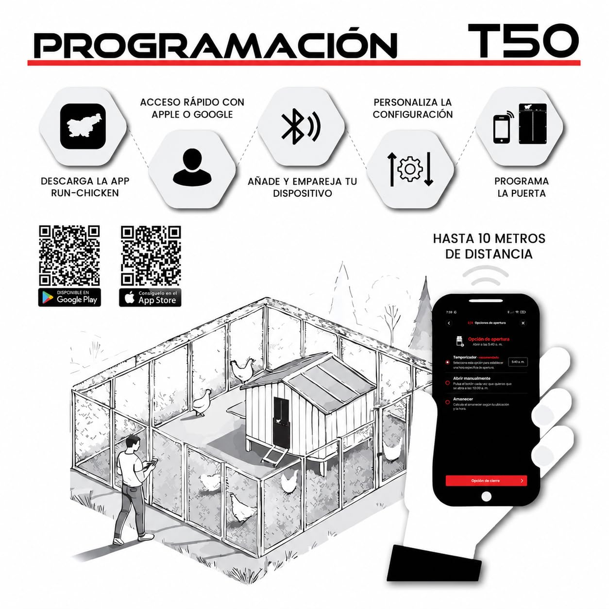 Run‑Chicken Door T50 Onyx – Puerta automática Negra para gallineros, Aluminio Resistente, Control por App, Sensor de luz y Temporizador con retardo, Apta para Exteriores