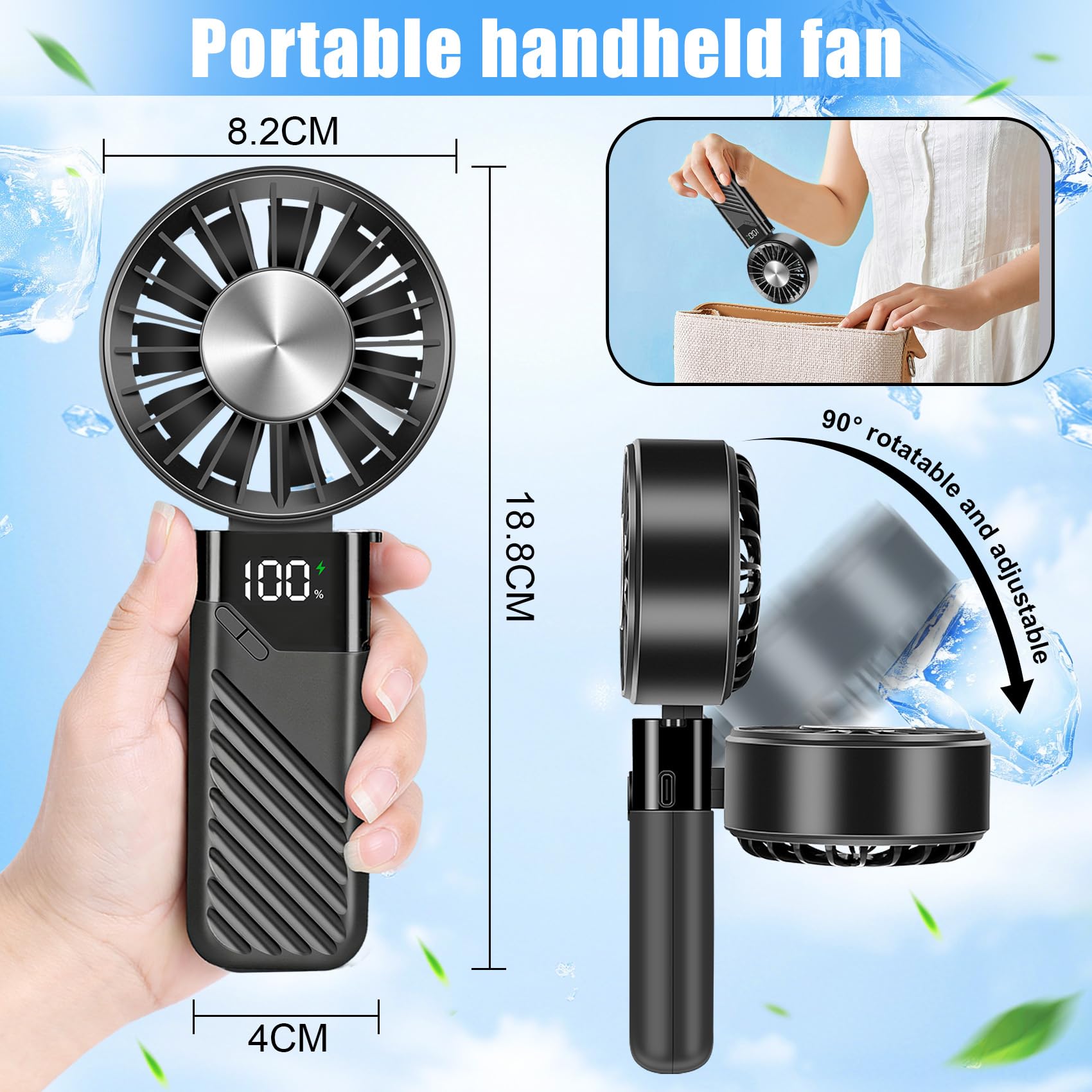 Ventilatore Portatile, Mini Ventilatore A Mano Silenzioso Potente a Batteria Ricaricabile 3 in 1 5 Velocità Piccolo Ventilatore Ventilatore USB Ventilatore da Tavolo per Viaggi,Ufficio,Campeggio