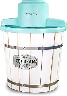 Nostalgia Electric Ice Cream Maker – Wood Bucket Parlor Style, Old Fashioned Soft Serve Ice Cream Machine Makes Frozen Yogurt or Gelato in Minutes - Fun Kitchen Appliance – White & Aqua - 4 Quart