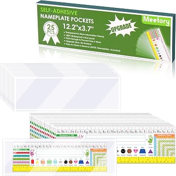 Meetory 25 Pcs Upgraded Nameplate Pocket with 25 Pcs Matching Desk Name Tags for Classroom, 12.2" x 3.7" Self Adhesive Desk Nameplates Pockect and Name Plates, Clear Plastic View Name Tag Sleeves