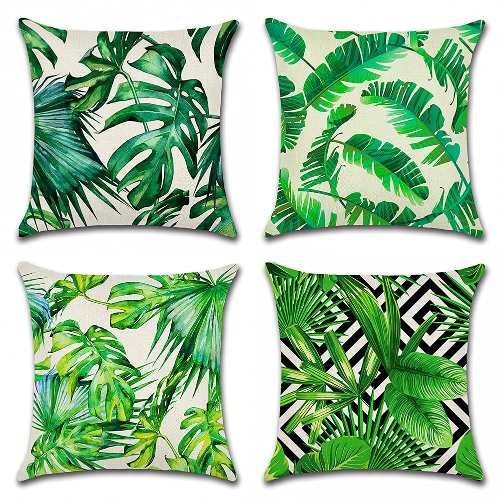 Artscope 4 Piezas Impermeables Funda de Cojines, de Exterior Funda de Almohada Cuadrado para Patio Balcón Jardín Sofá Oficina Hogar Decorativas 45x45cm, Plantas Tropicales 3