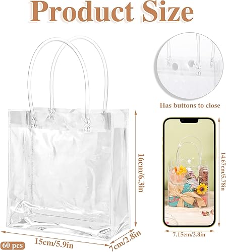 Miniatura 2 de BESARME Paquete de 60 bolsas de regalo transparentes con asa, 6.3 x 5.9 x 2.8 pulgadas, bolsa transparente a granel pequeña bolsa de plástico