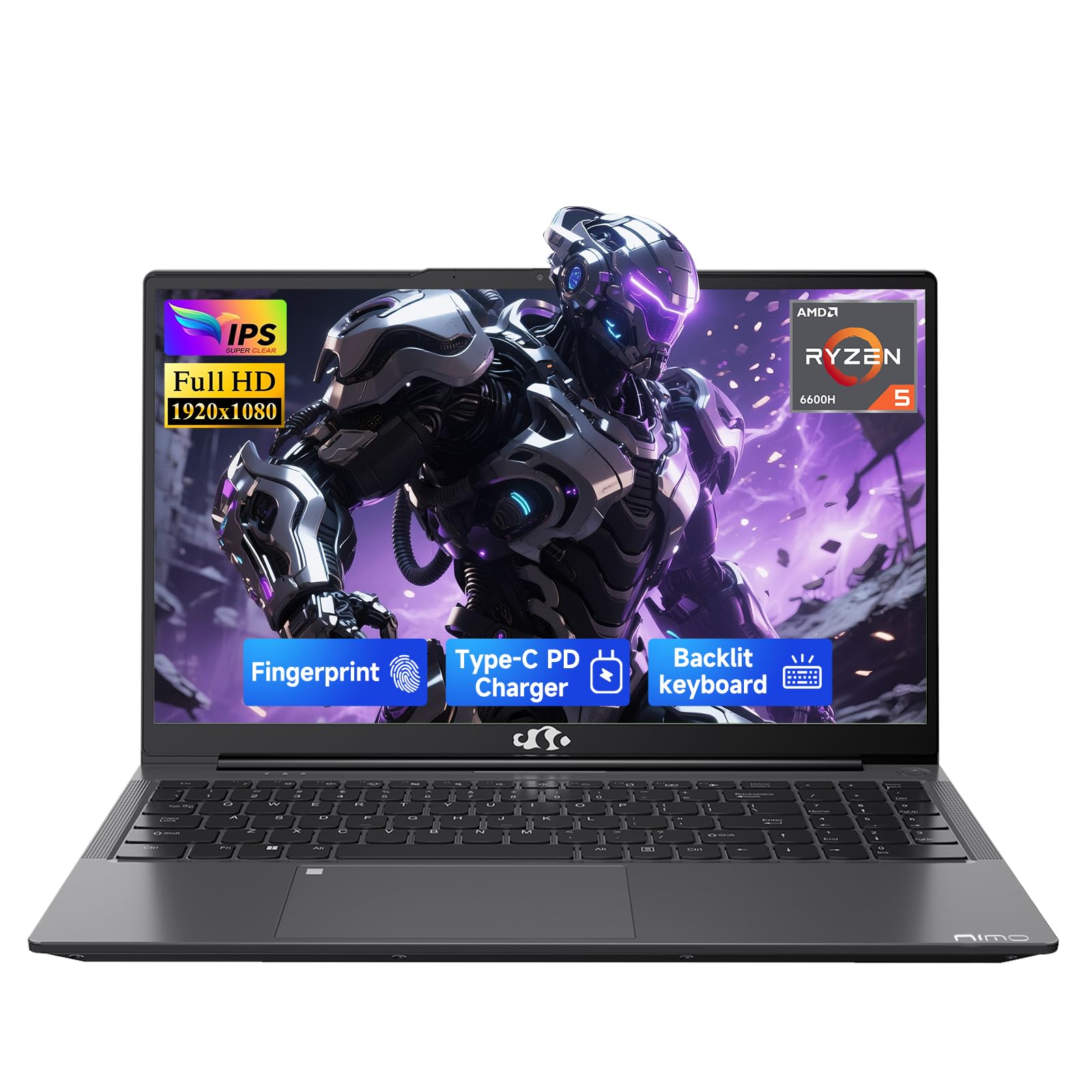 NIMO 15.6" IPS FHD-Light Gaming-Laptop,AMD Ryzen 5 6600H 16GB DDR5 RAM 256GB SSD (Beat i5-1335U, 6 Cores Up to 4.5GHz) AMD Radeon 660M GPU-Computer with 100W Type-C Backlit Keyboard Fingerprint