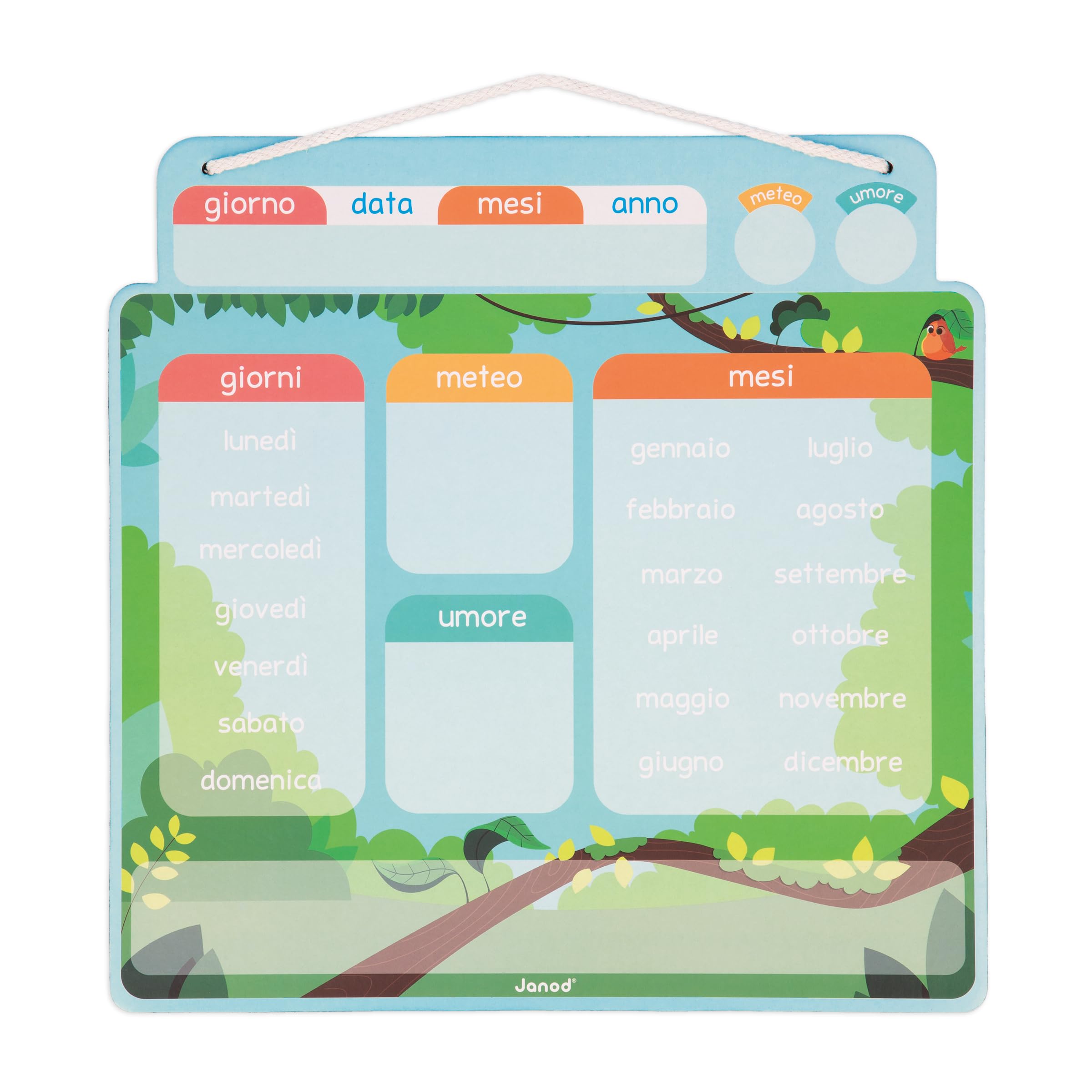 Janod - Calendario Magnetico Versione Italiana - 71 Calamite - Gioco Educativo - Comprendere la Nozione di Tempo e Acquisire Autonomia - Giocattolo in Cartone FSC - dai 3 Anni - J05467