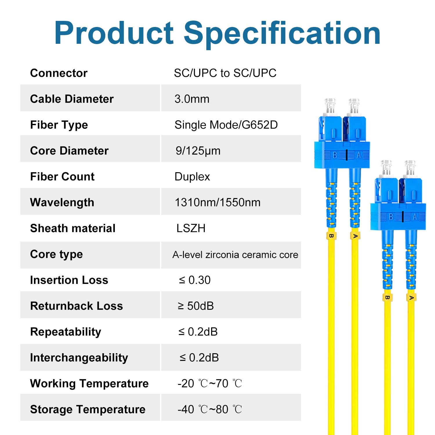 5 cables de conexión de fibra óptica de 3 metros SC UPC a SC UPC, cable de fibra de modo único dúplex OS2 G652D 9/125μm, 1310nm/1550nm LSZH 3.0mm