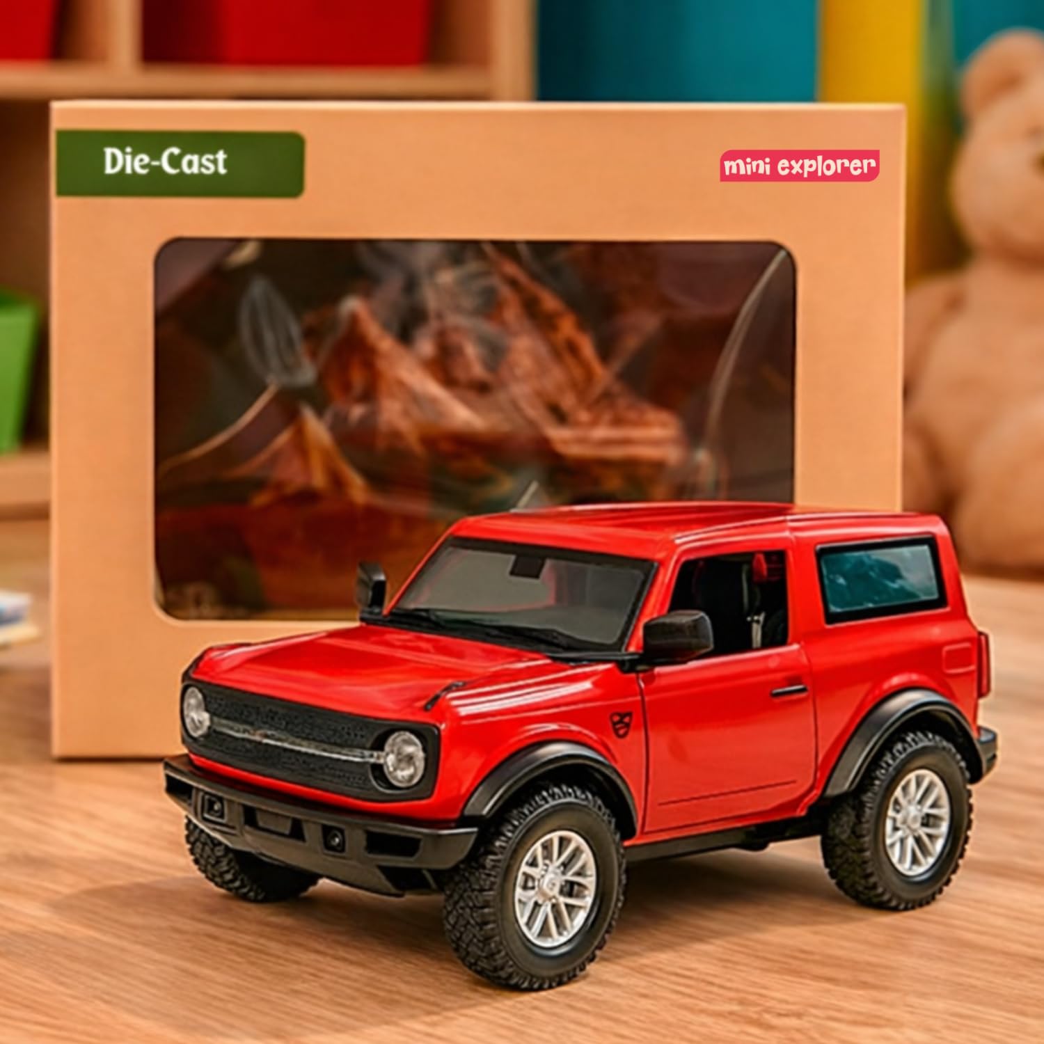 MiniExplorer Die-Cast Toy Bronco Car Red | 1:24 Scale SUV Mode| Metal Free Wheels Car for Kids & Collectors | Off-Road Bronco Vehicle Toy - Red