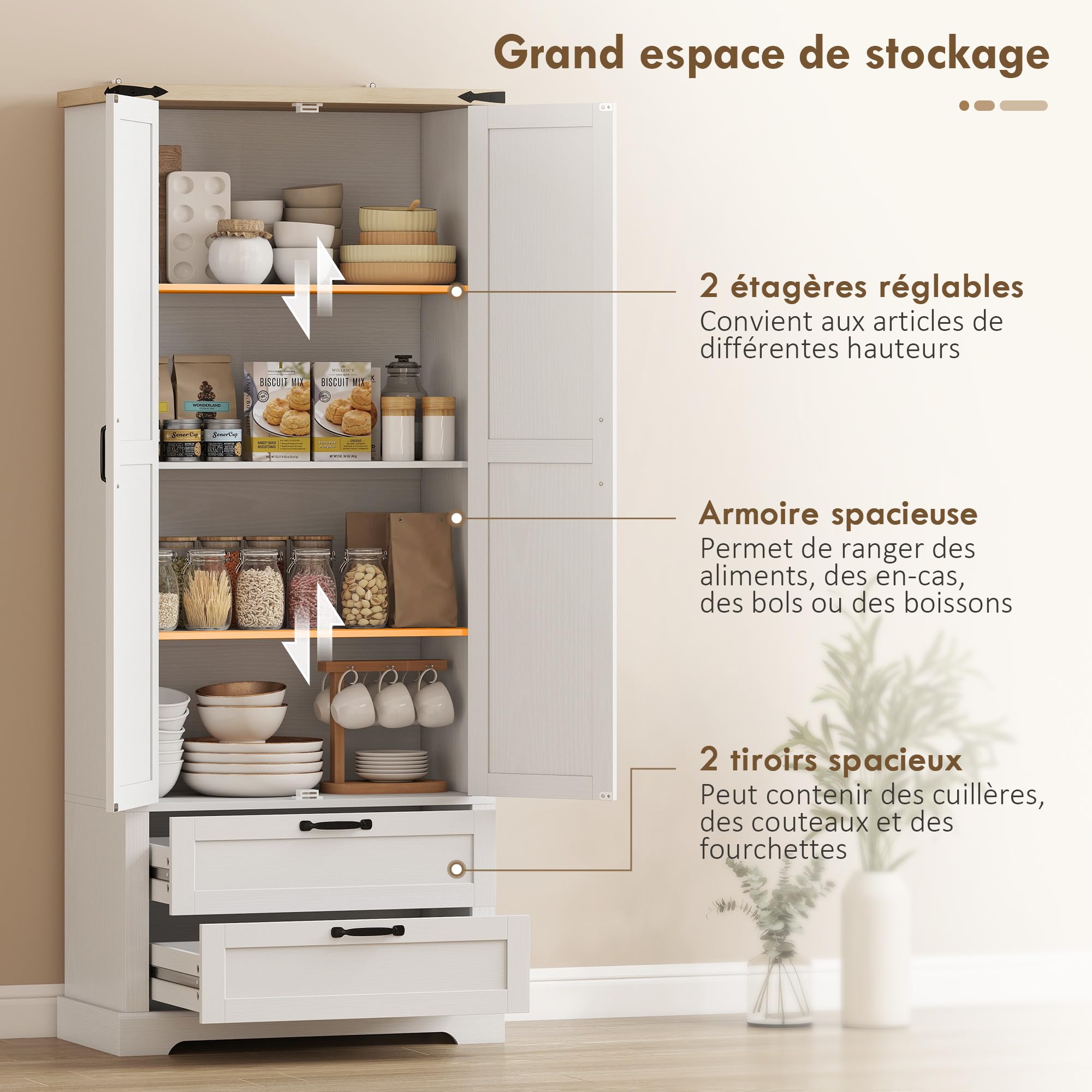 HOMCOM Buffet Haut Cuisine Vaisselier 2 Portes, 76 x 40 x 180 cm Blanc | Armoire de Rangement, 2 Tiroirs Silencieux, Étagères Réglables, Meuble de Rangement Rustique, Salon, Salle à Manger