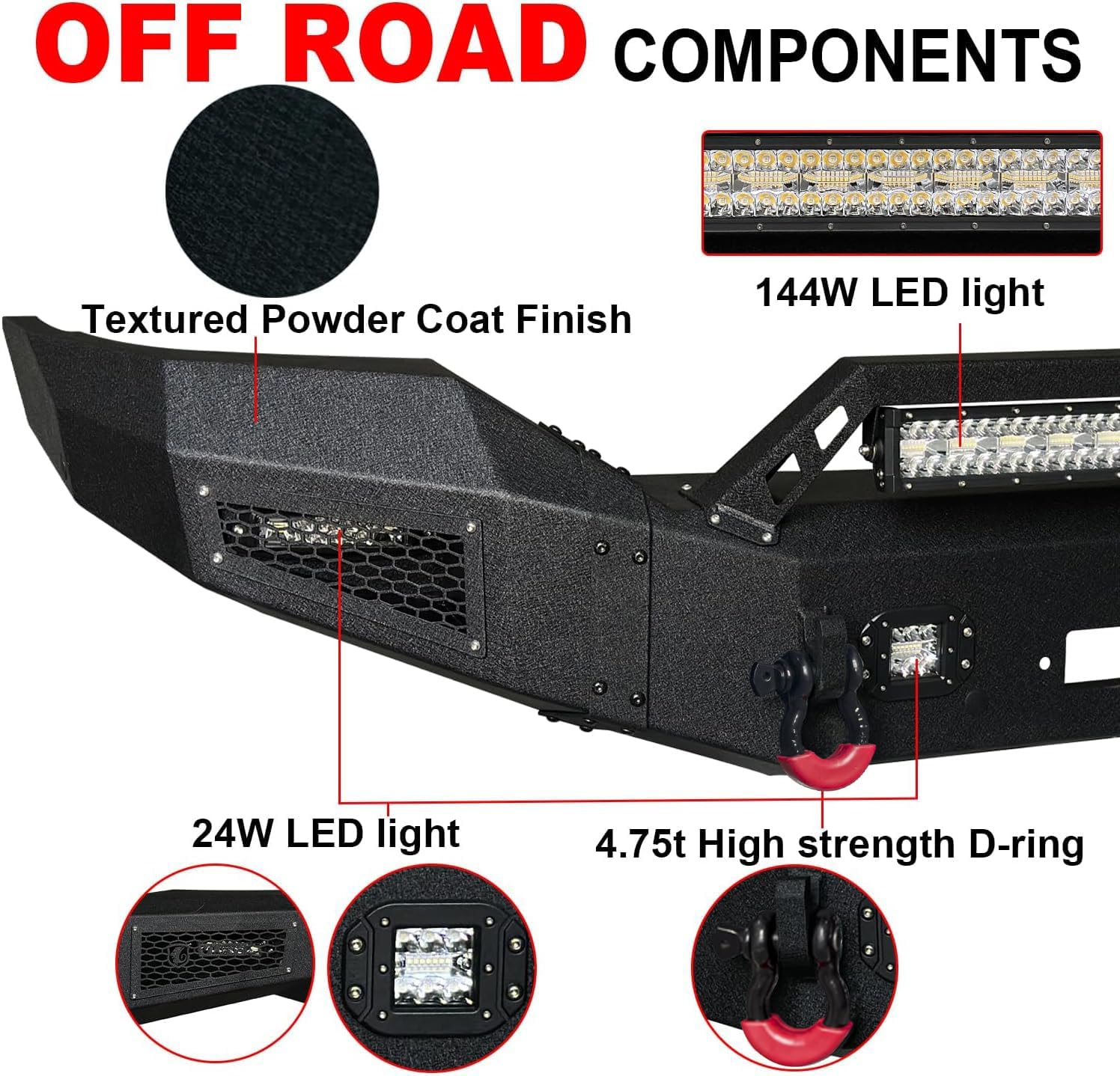 Front Bumper Upgraded Texture Black Compatible with 2016-2018 GMC Sierra 1500 w/Winch Plate and Sensor Mounting Hole and D-Ring and LED Aluminum Lights