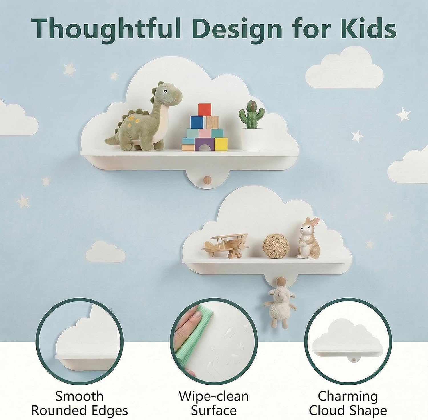 HONEY JOY Wall Mounted Kids Book Shelves Set of 2, Cloud-Shaped Floating Book Shelves w/Compartments, Space-Saving Cute Bookcases, Wooden Display Storage Rack for Bedroom Nursery Kindergarten