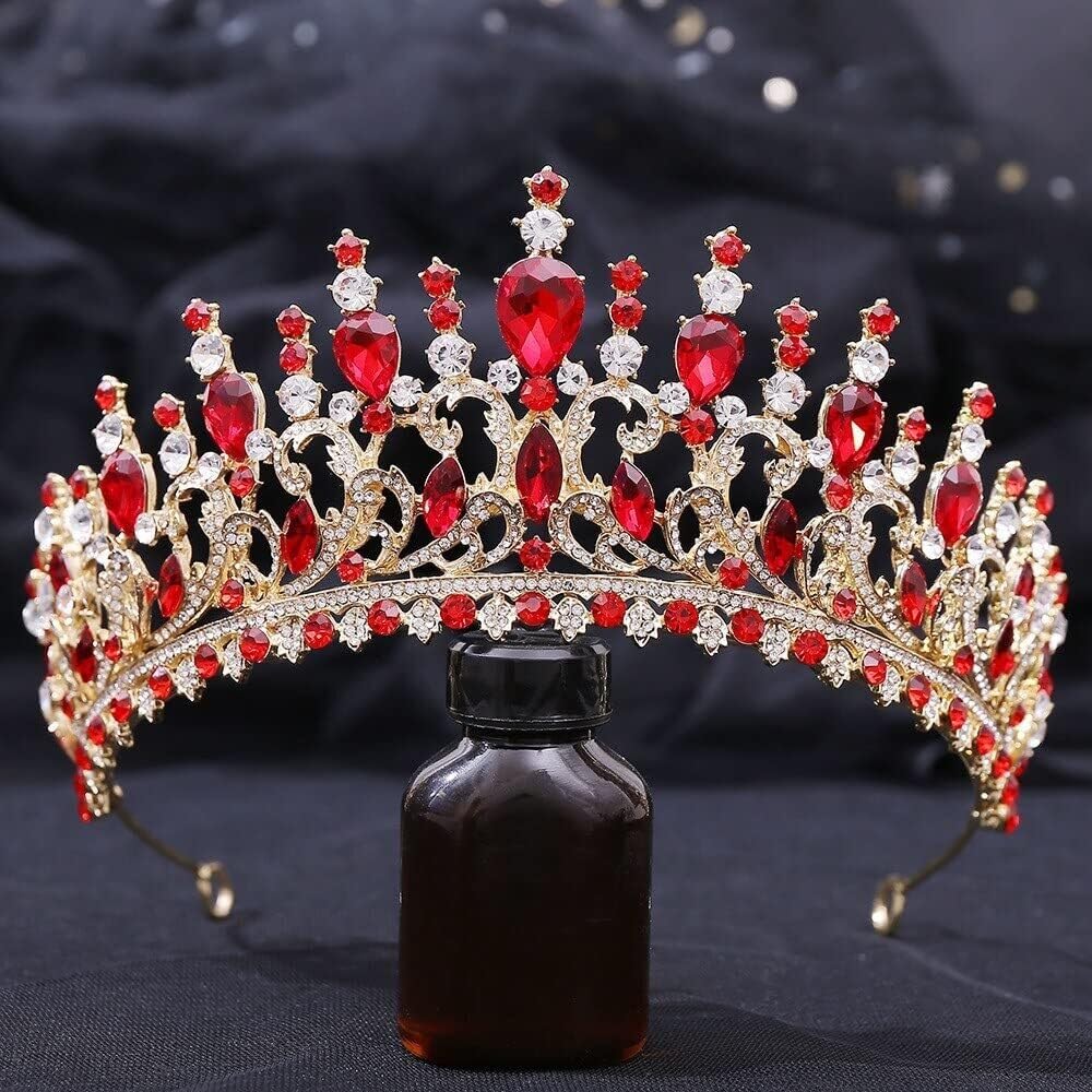 Baroque Vintage Red Crystal Tiara, Elegant Bride Crown Headpiece, Wedding Princess Hair Jewelry, Bridal Headband, Luxury Accessories