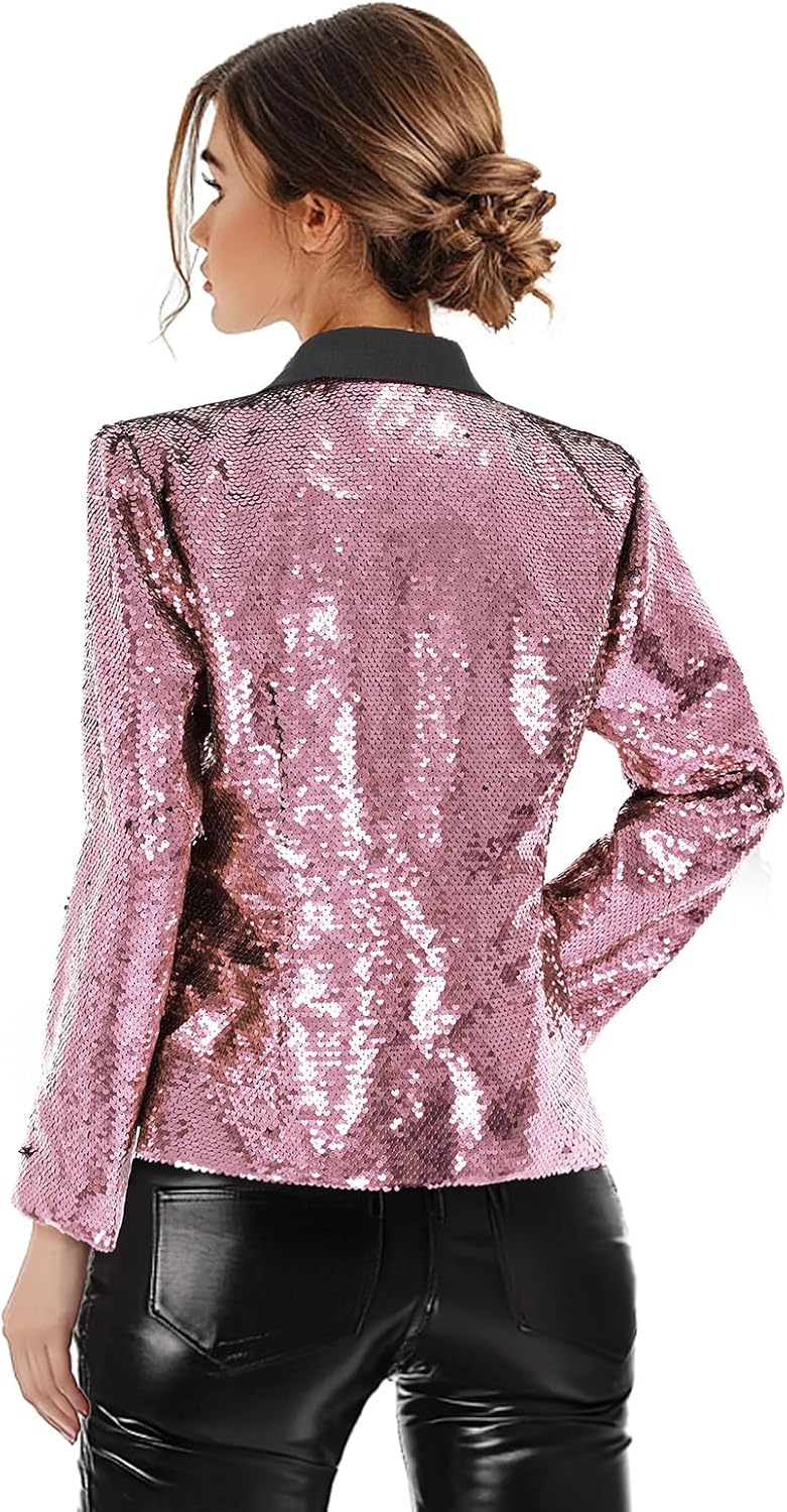 Women's Sequin Jackets Long Sleeves Single Button Casual Sparkly Coat with Pocket - Image 3
