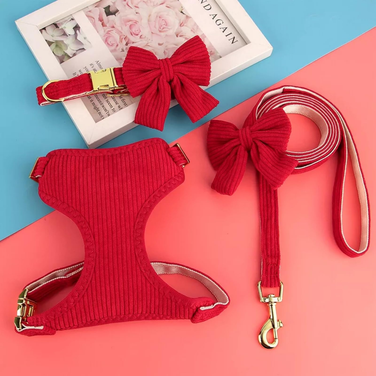 Juego de arnés y correa para perros medianos y pequeños, 3 collares y correas ajustables con pajarita, chaleco acolchado de malla suave transpirable para cachorros y perros pequeños, rojo, M