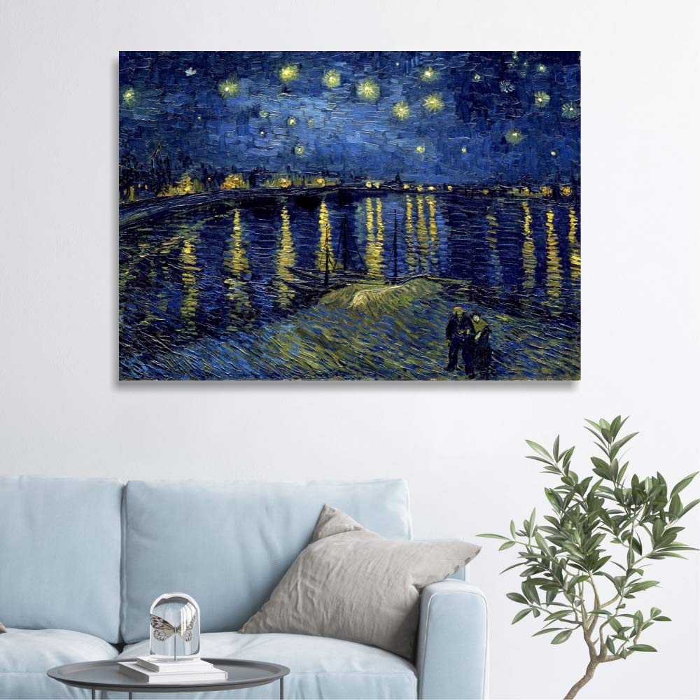 Quadri L&C ITALIA Quadro Notte Stellata sul Rodano Van Gogh 70 x 50 Stampa su Tela Canvas da Parete per Soggiorno Camera da Letto Salotto Cucina Ufficio