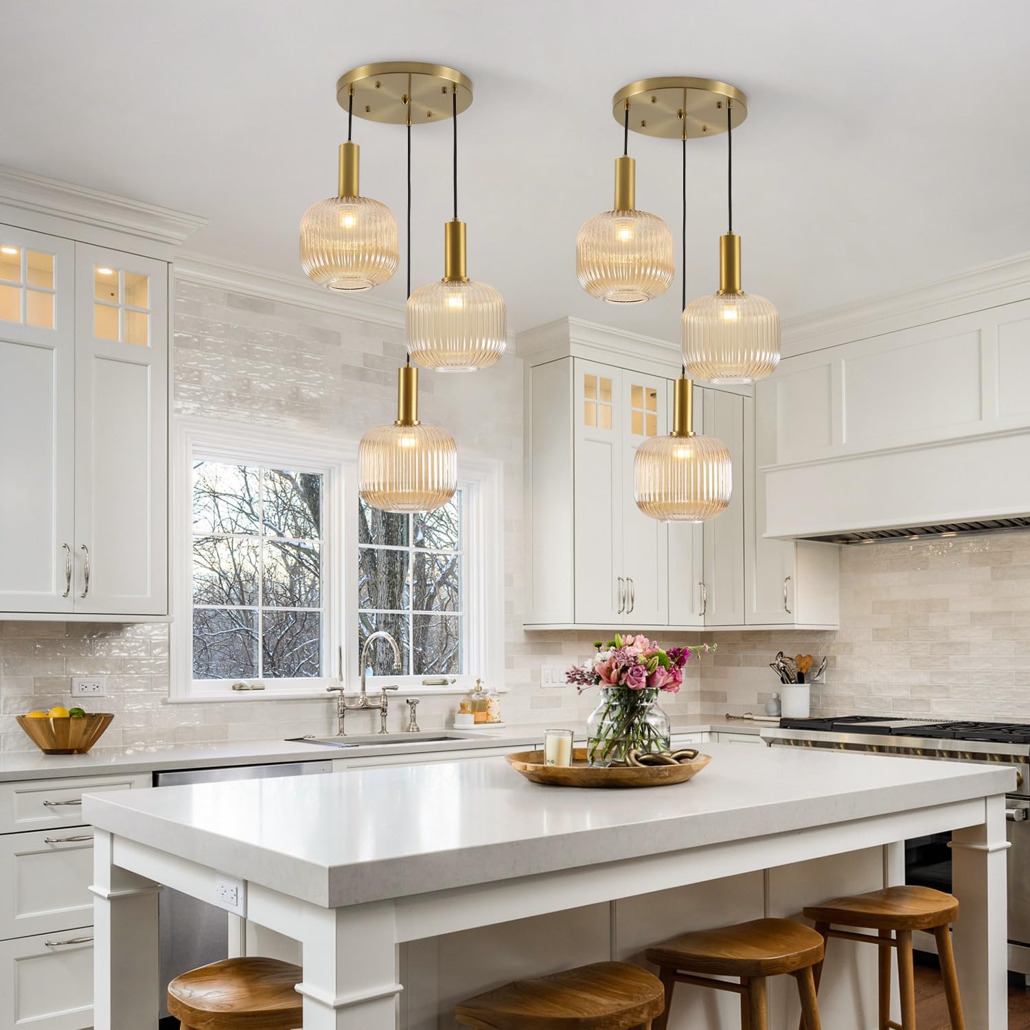 BOKT Gold Cluster Globe Glass Ceiling Chandelier 3-Light Amber Hanging Pendant Light Brushed Brass Dining Room Chandelier Stair Adjustable Hanging Light Fixture for Corridor Entryway