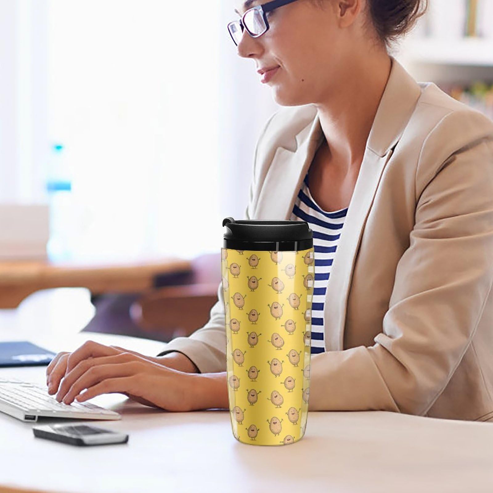 Tasse à café de voyage, isotherme réutilisable pour l'extérieur, motif pommes de terre mignonnes, parfaite pour les boissons chaudes ou froides, écologique et durable