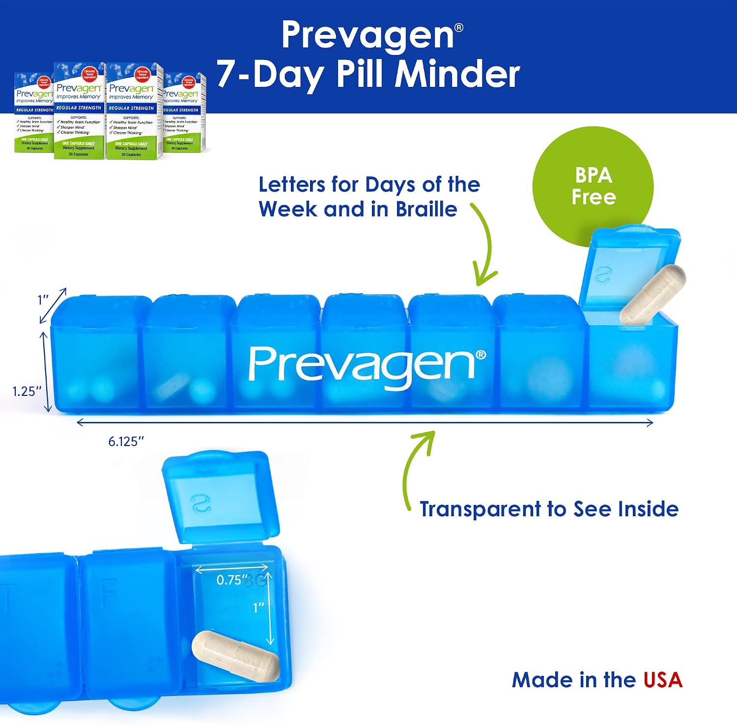 Prevagen Improves Memory - Regular Strength 10mg, 30 Capsules |4 Pack| with Apoaequorin & Vitamin D & Prevagen 7-Day Pill Minder | Brain Supplement for Better Brain Health