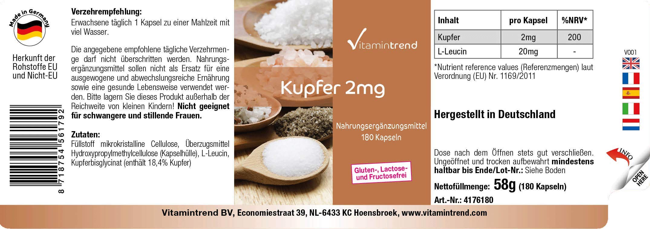 Vitamintrend rame 2 mg, 180 capsule, facili da deglutire, ad alto dosaggio, integratore alimentare vegano senza magnesio stearato, prodotto in Germania